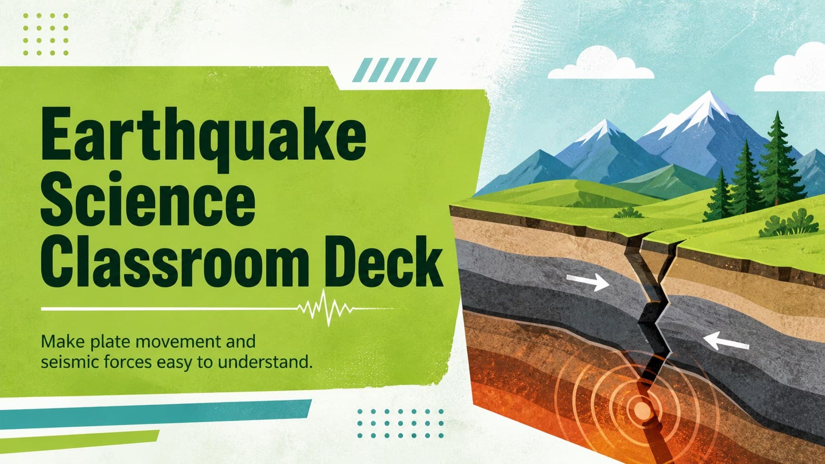Cover of an Earthquake Science Classroom Deck with playful tectonic plate and seismic wave illustrations.