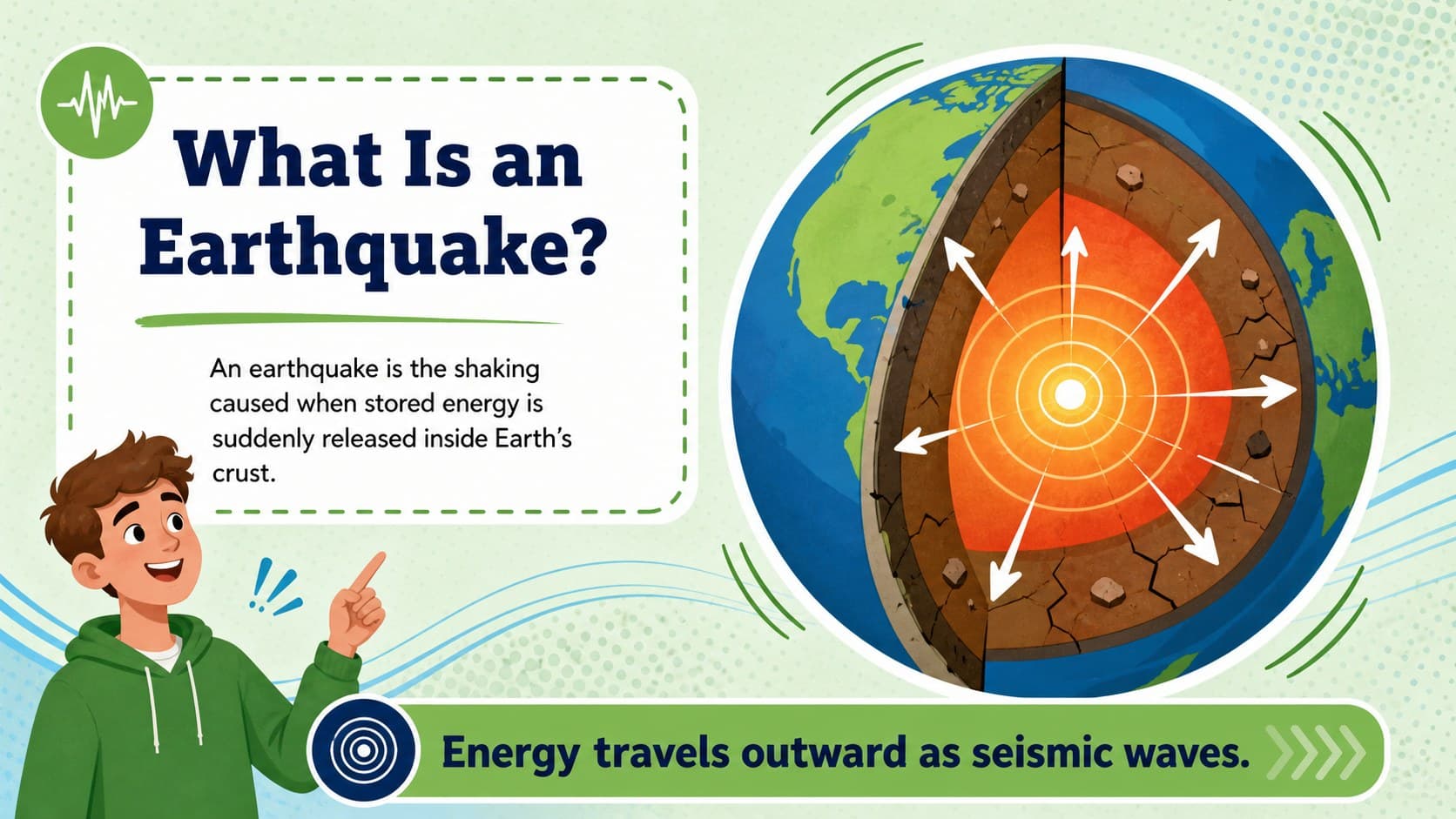 Illustrated earthquake definition slide showing energy release beneath Earth's surface.