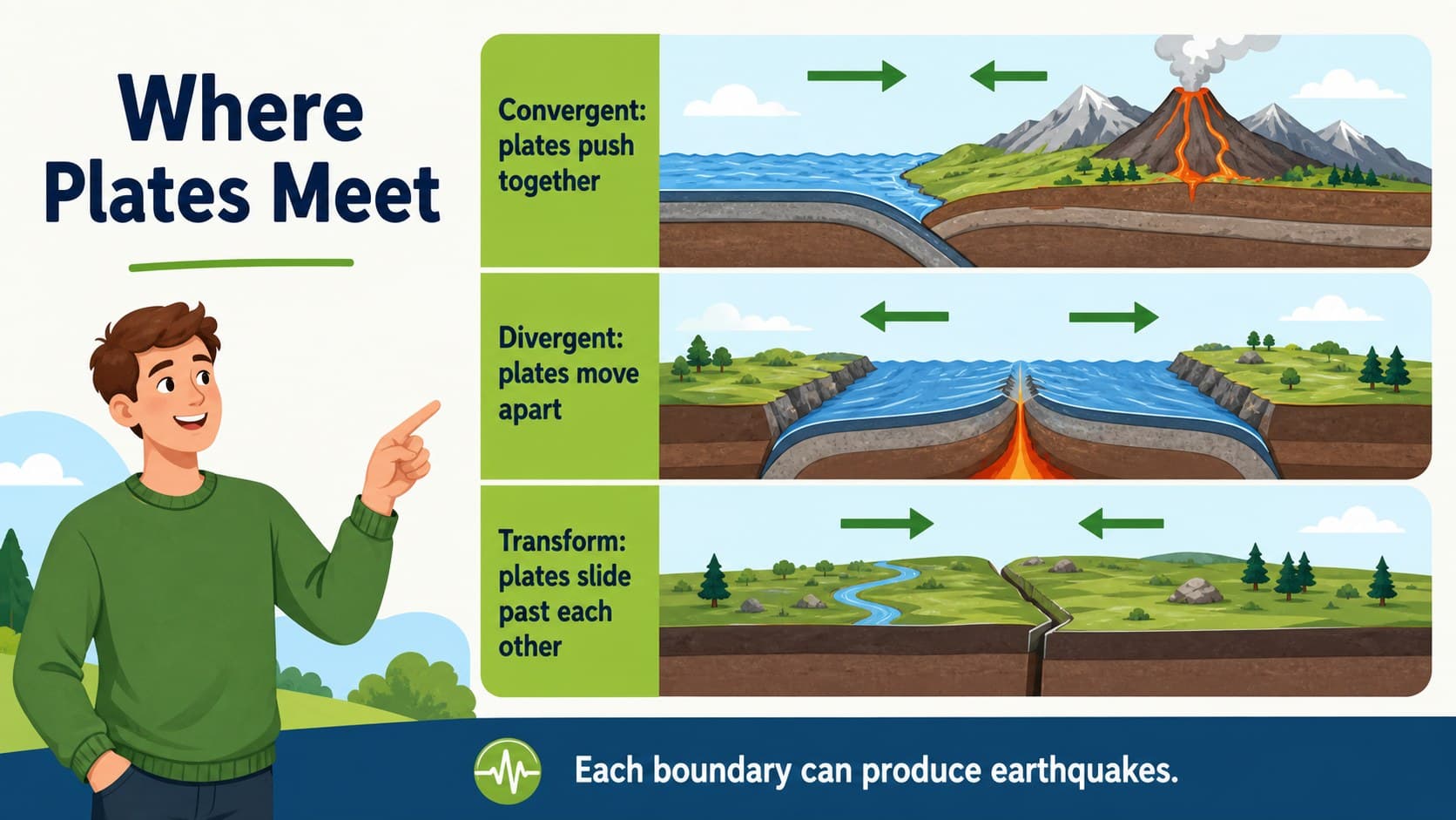 Classroom comparison of convergent, divergent, and transform plate boundaries.