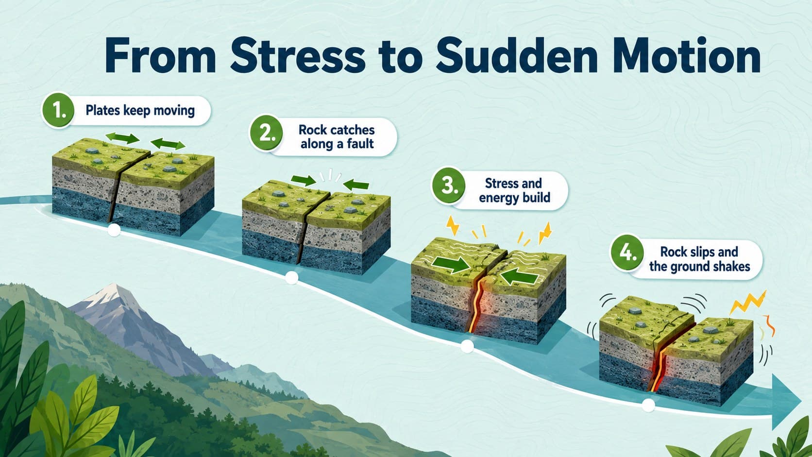 Earthquake causes lesson slide illustrating how stress builds along a fault.