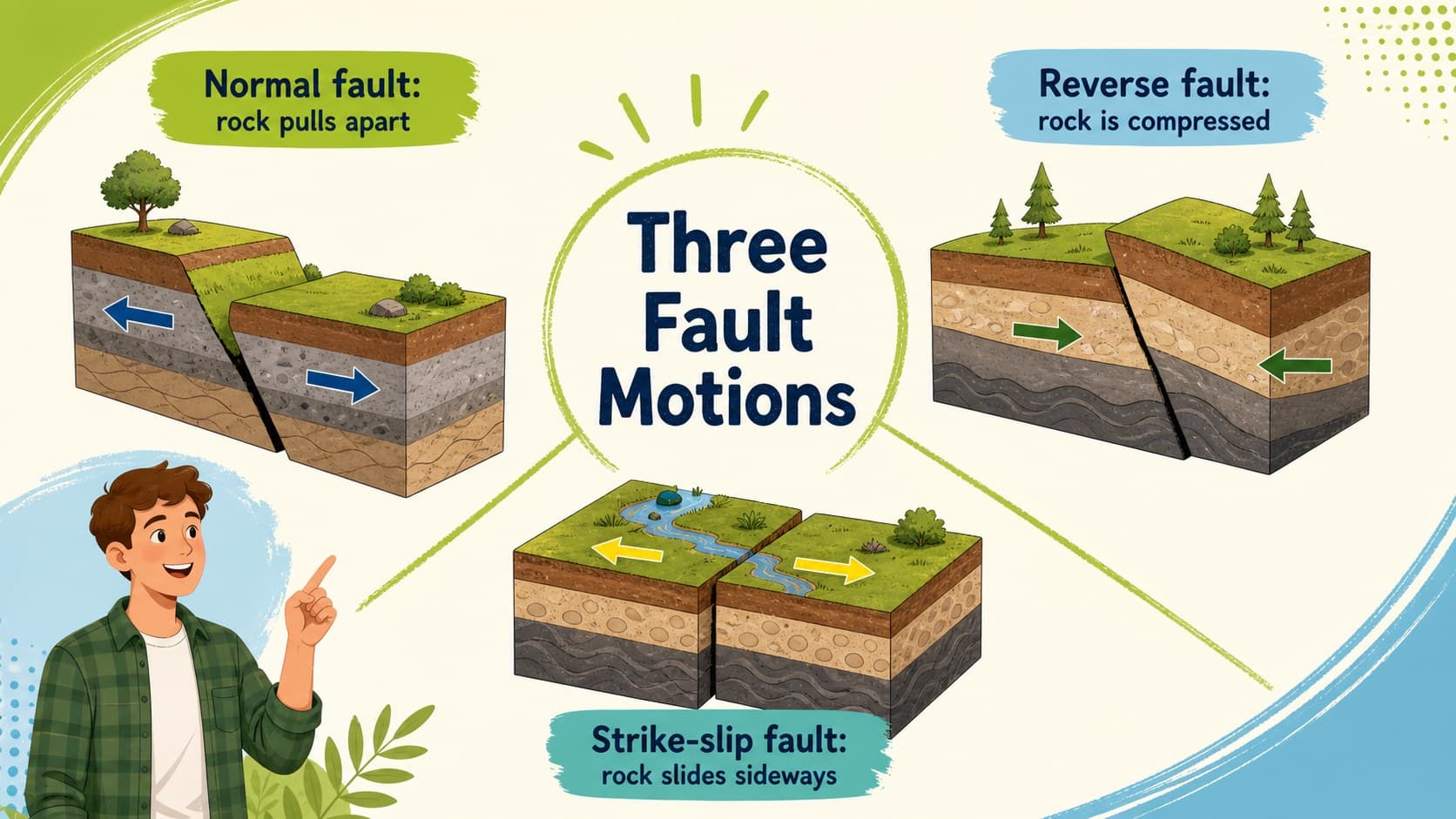 Fault types teaching deck slide comparing normal, reverse, and strike-slip faults.