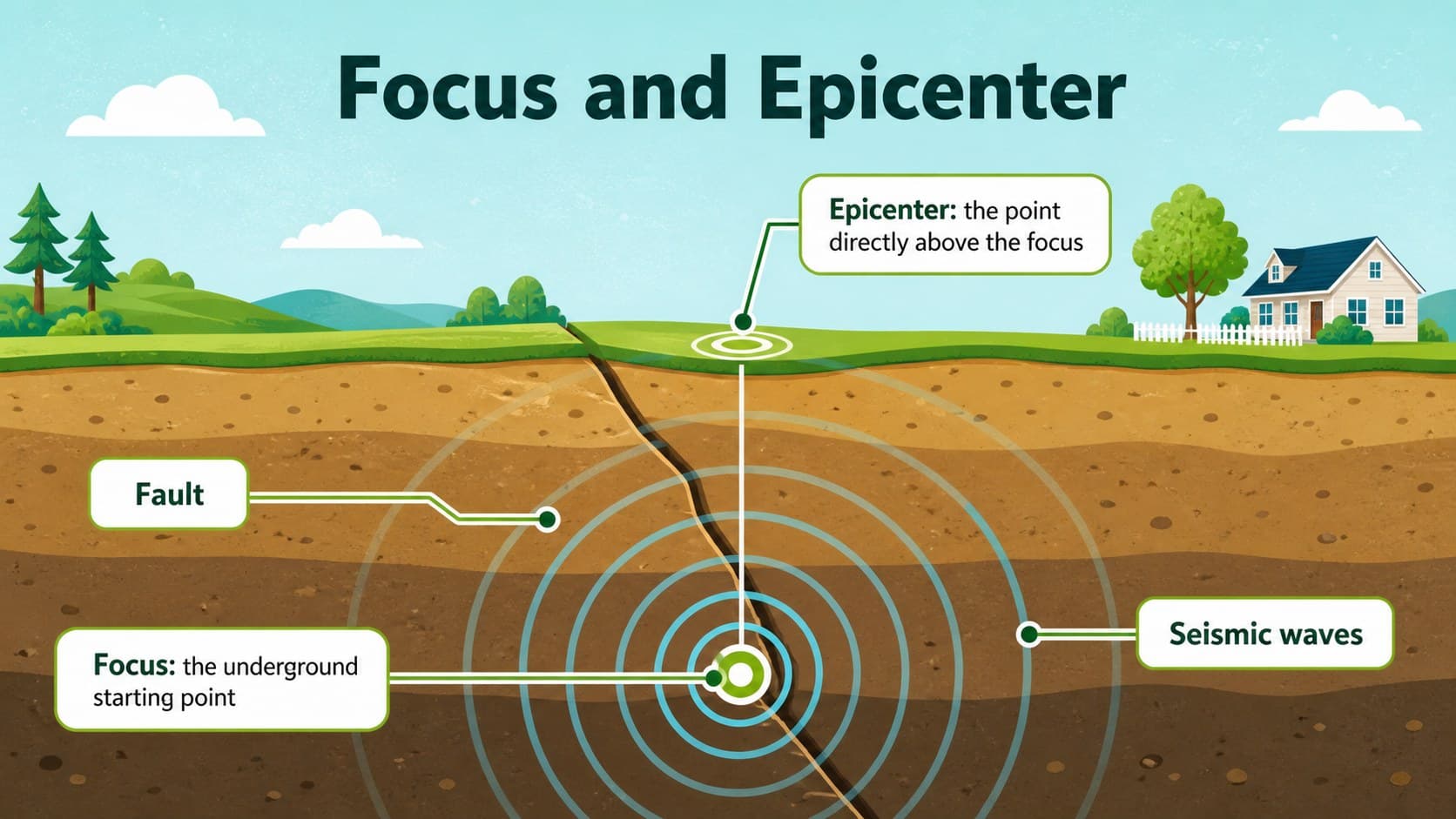 Earthquake epicenter diagram slide labeling the focus, epicenter, fault, and seismic waves.