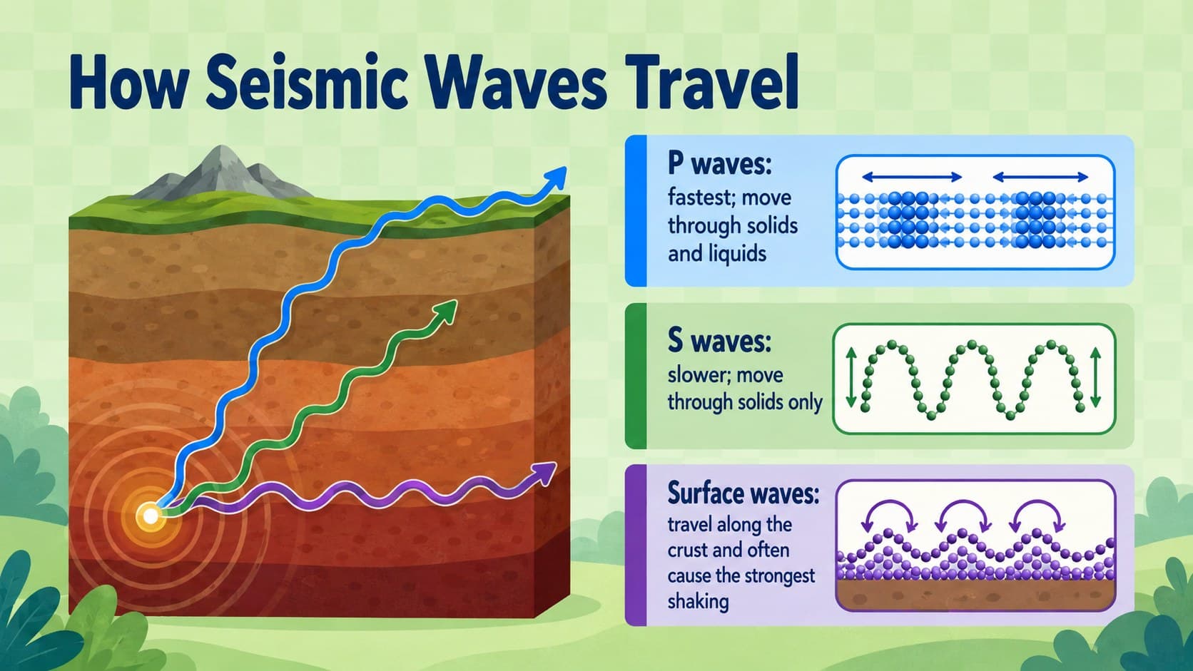 Seismic waves classroom slide comparing P waves, S waves, and surface waves.