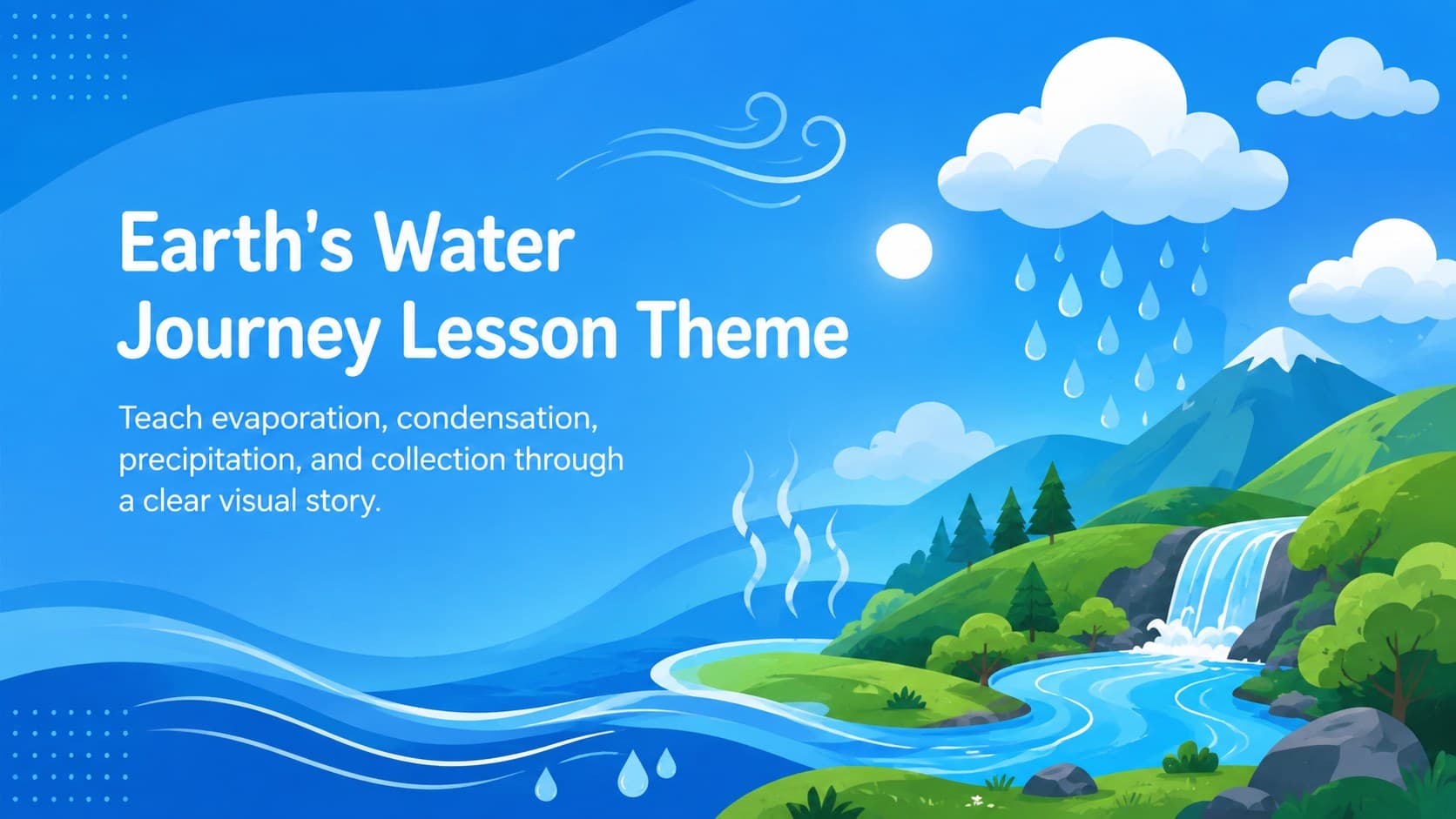 Earth's Water Journey Lesson Theme cover with blue clouds, rainfall, ocean water, and a simplified landscape.