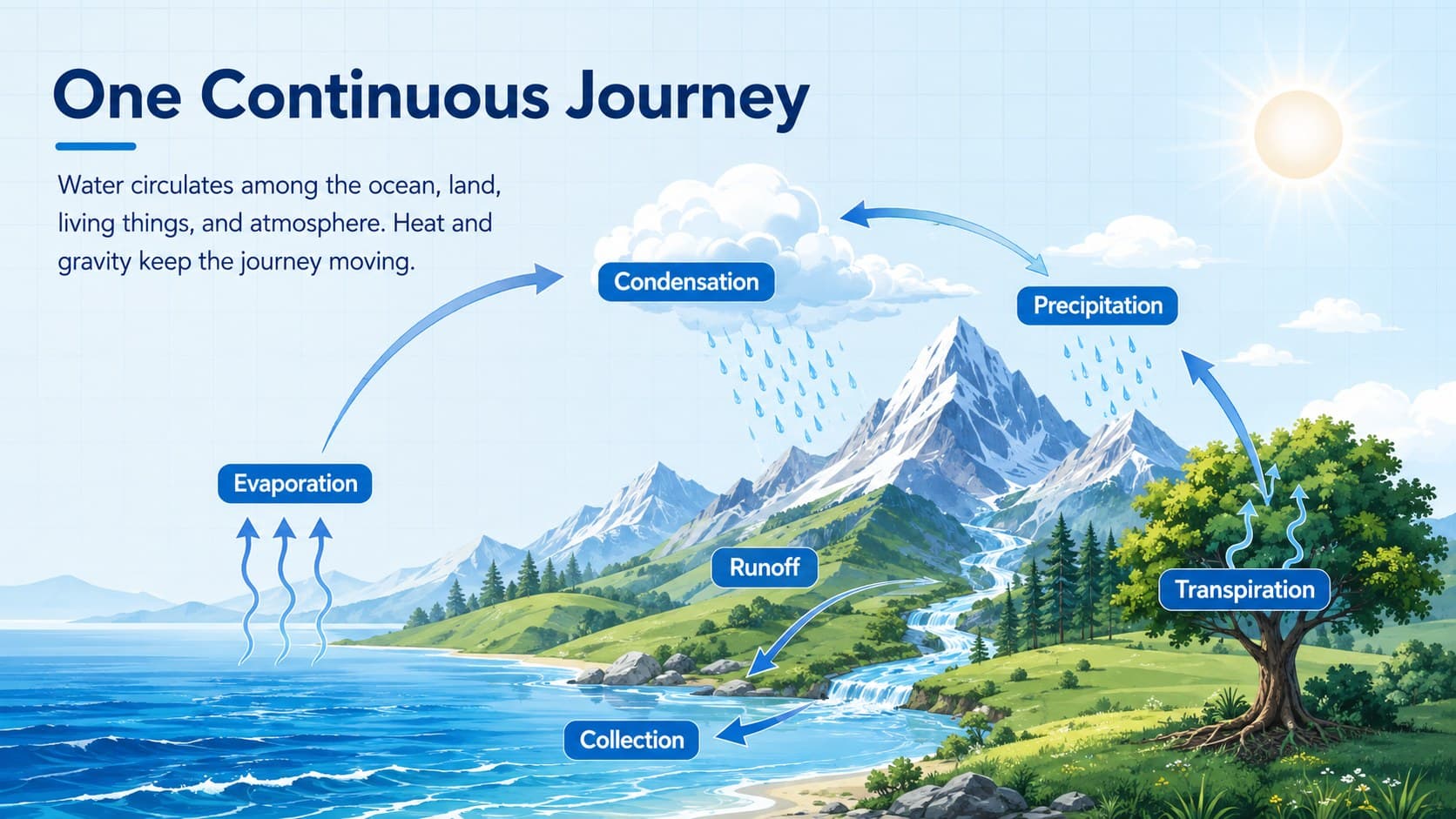 Water cycle teaching deck overview showing water moving among ocean, land, clouds, and atmosphere.