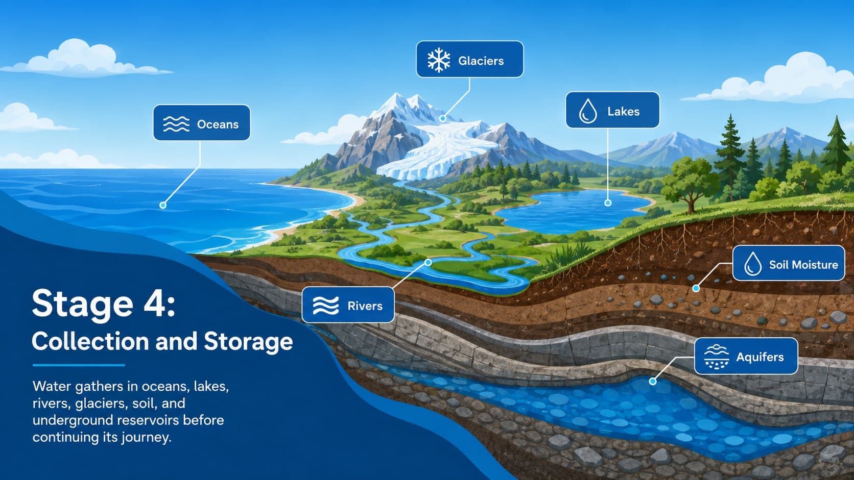 Collection and storage slide with ocean, lake, glacier, soil, and groundwater reservoirs.