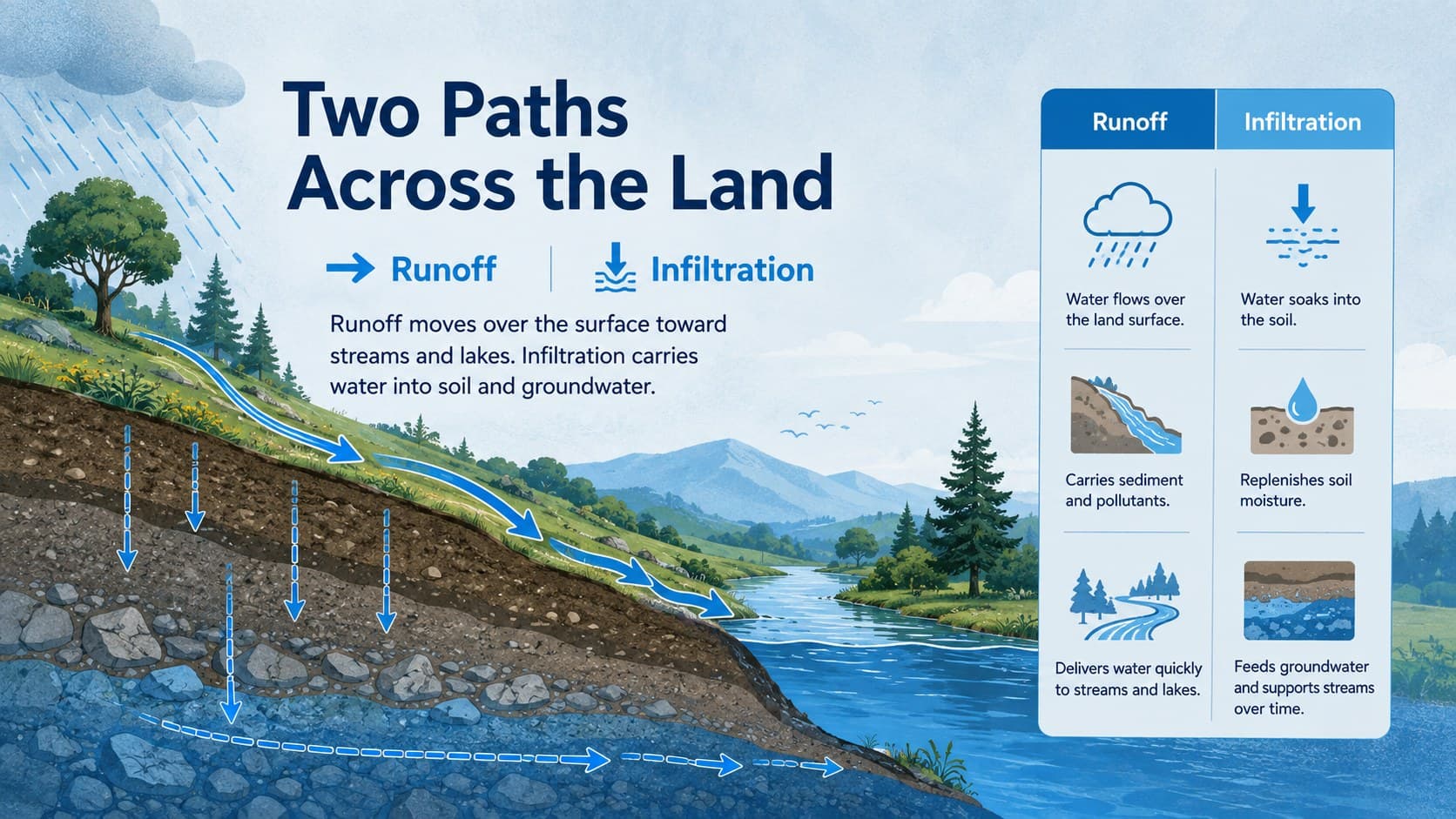 Runoff and infiltration diagram for a middle school hydrologic process lesson.