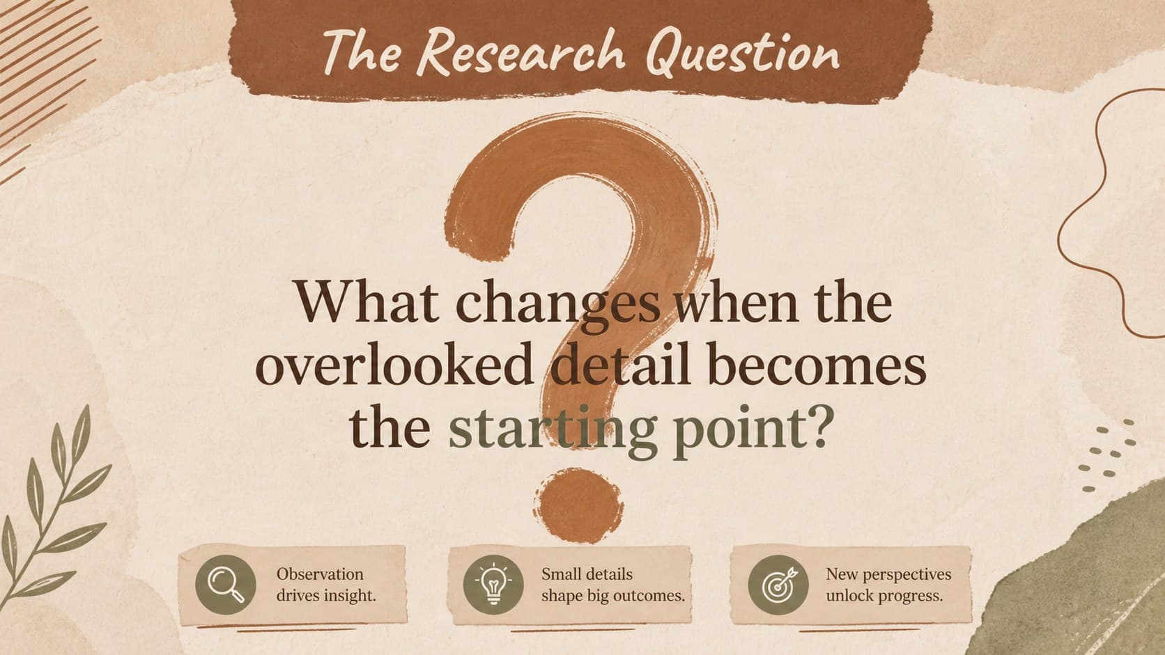 Research question slide with an editorial layout for an organic dissertation presentation.