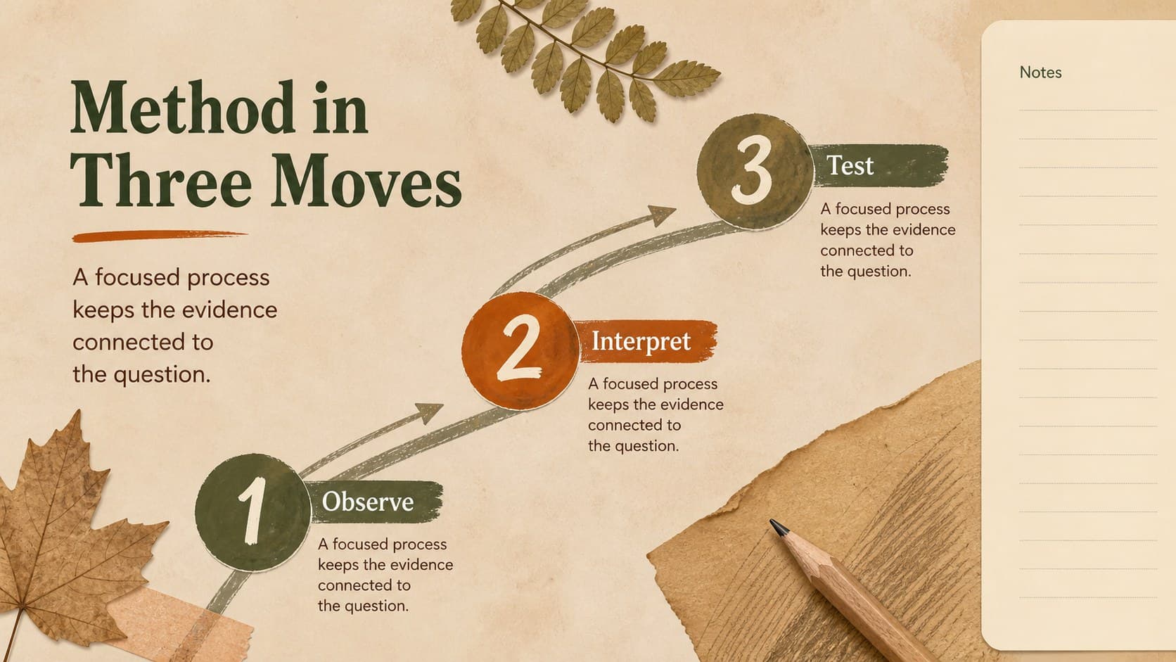 Methodology slide presenting a clear three-step framework for an organic dissertation presentation.