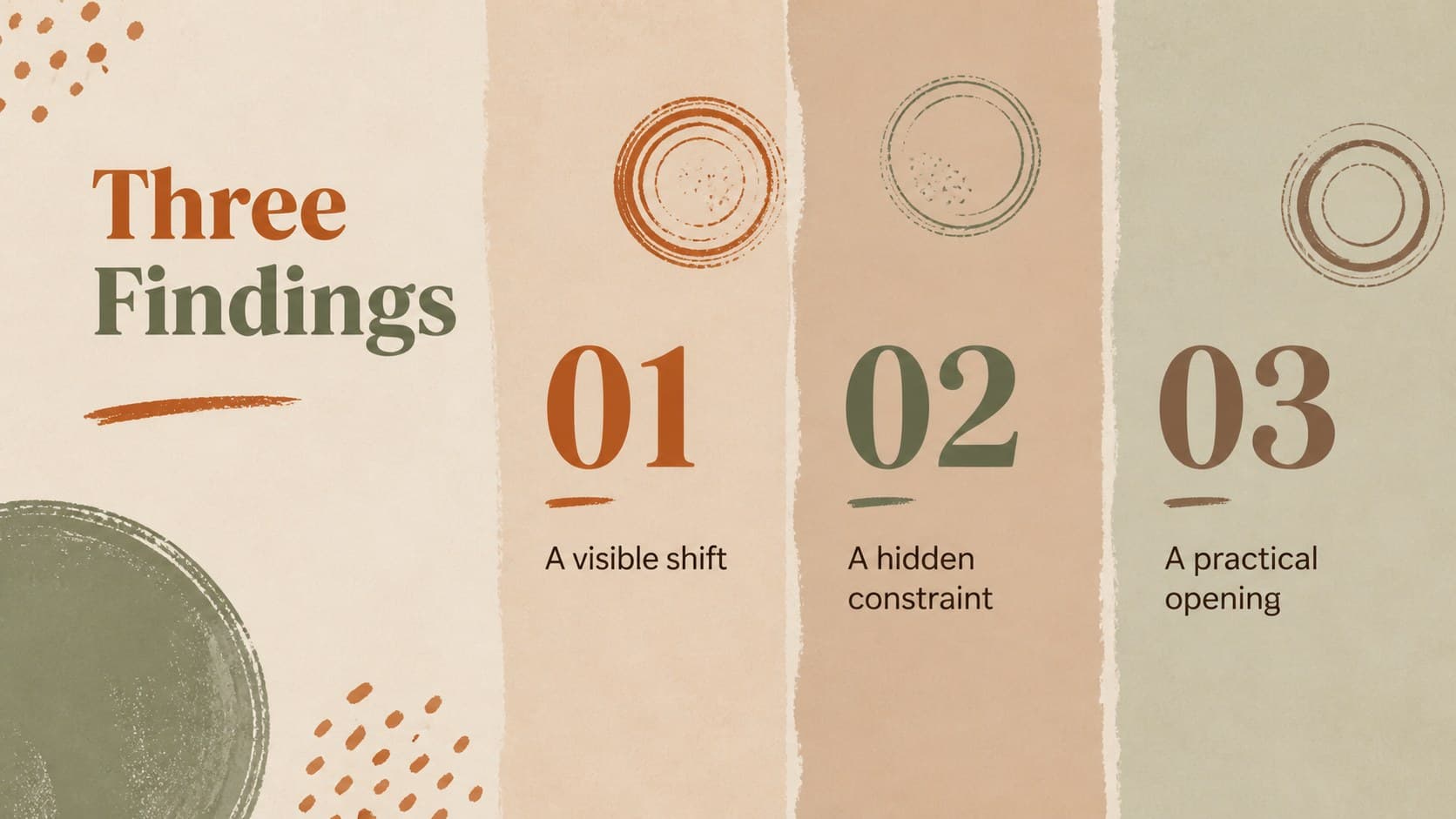 Findings slide summarizing three central discoveries in a brown and green thesis deck.