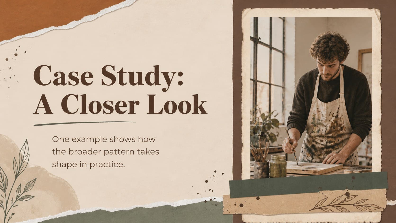 Case study slide with an image frame and analysis notes for a creative academic presentation template.