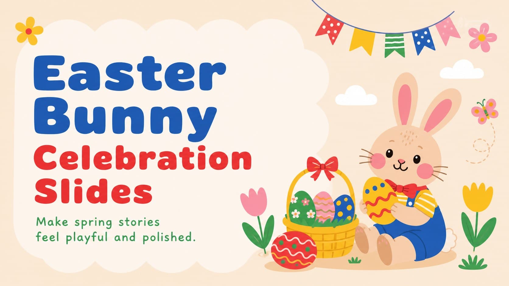 Cover of the Easter Bunny Celebration Slides with an original cartoon rabbit, decorated eggs, and warm beige, red, and yellow accents.