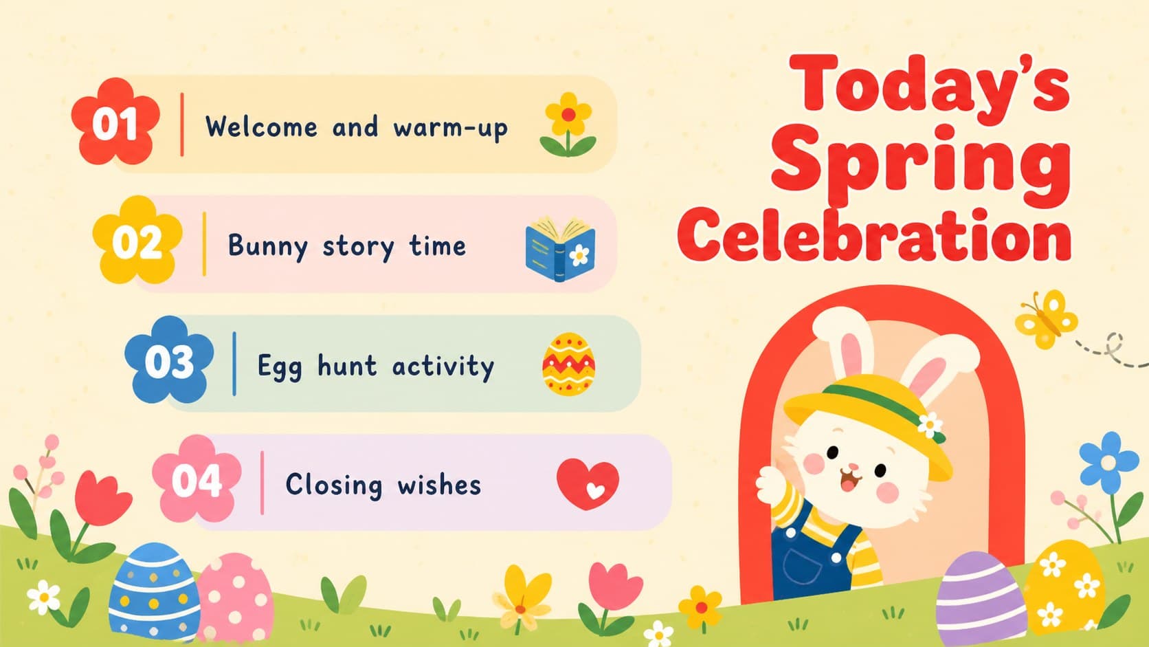 Spring celebration agenda slide with a cartoon bunny, Easter eggs, and four colorful presentation topics.
