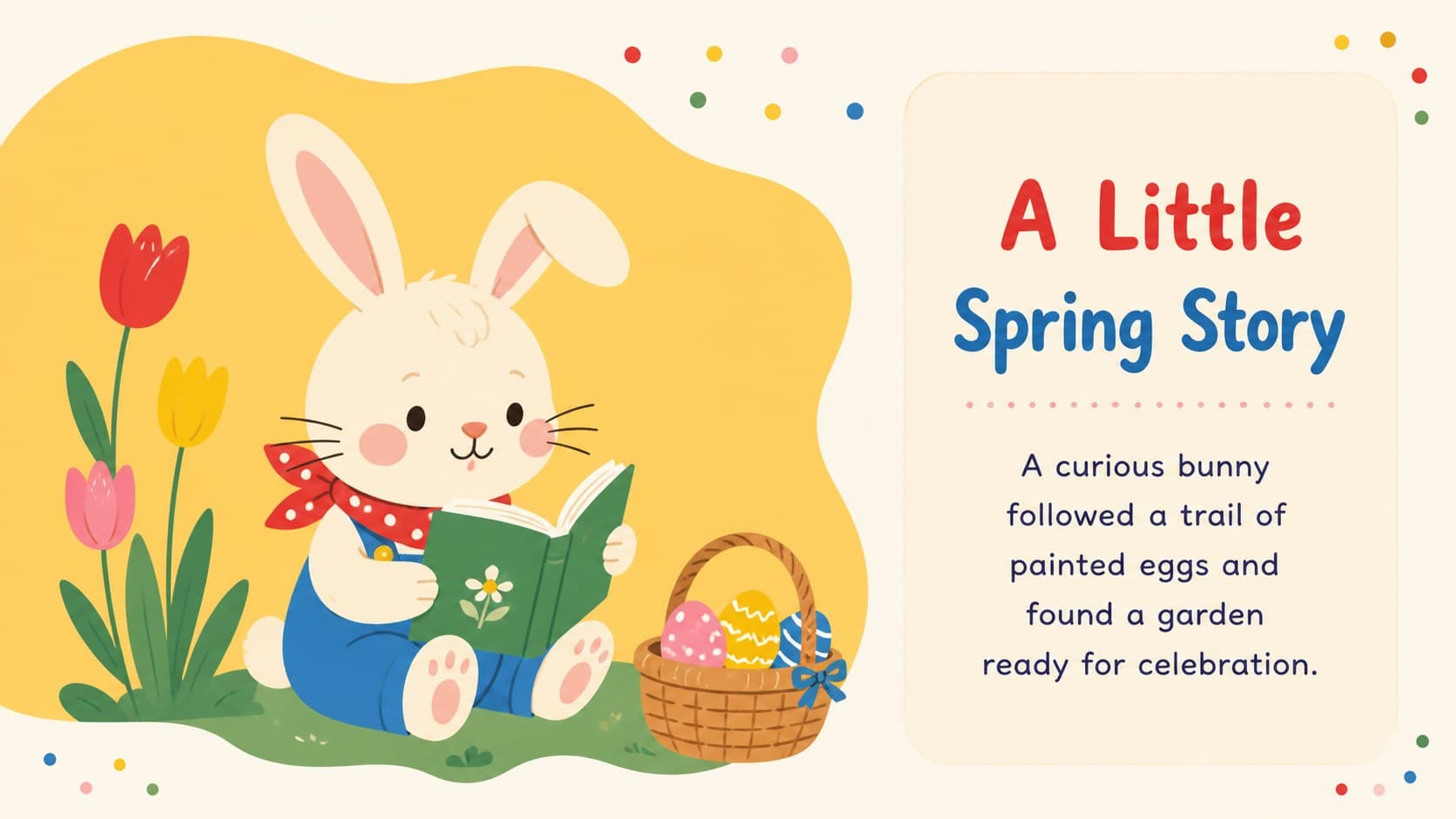 Cute Easter presentation theme slide introducing a spring story beside an original rabbit illustration.