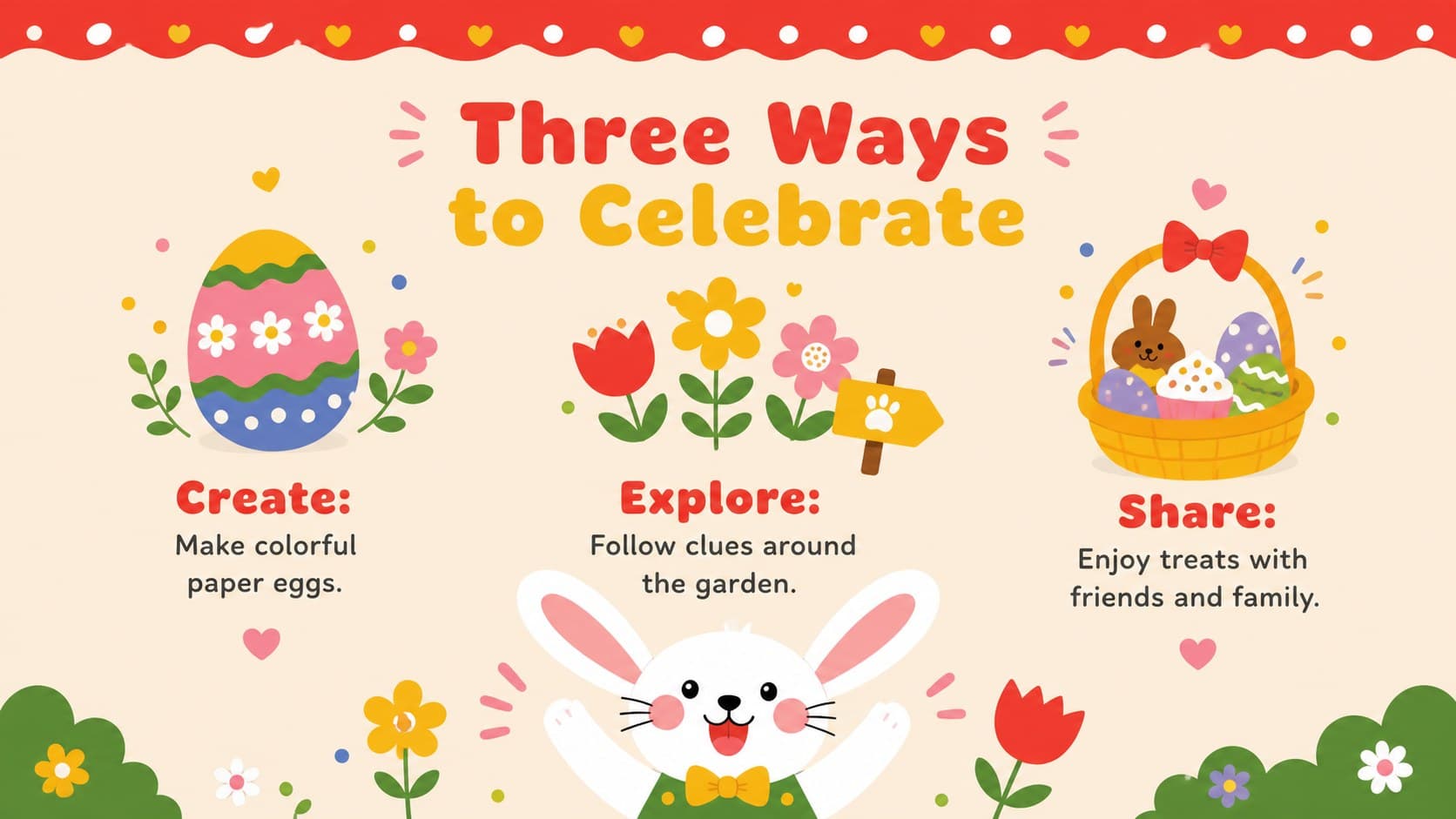 Easter event presentation slide showing three celebration ideas with eggs, flowers, and an original cartoon rabbit.