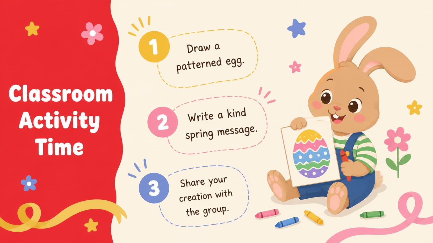 Spring classroom celebration slide with three activity prompts and an original bunny holding craft supplies.