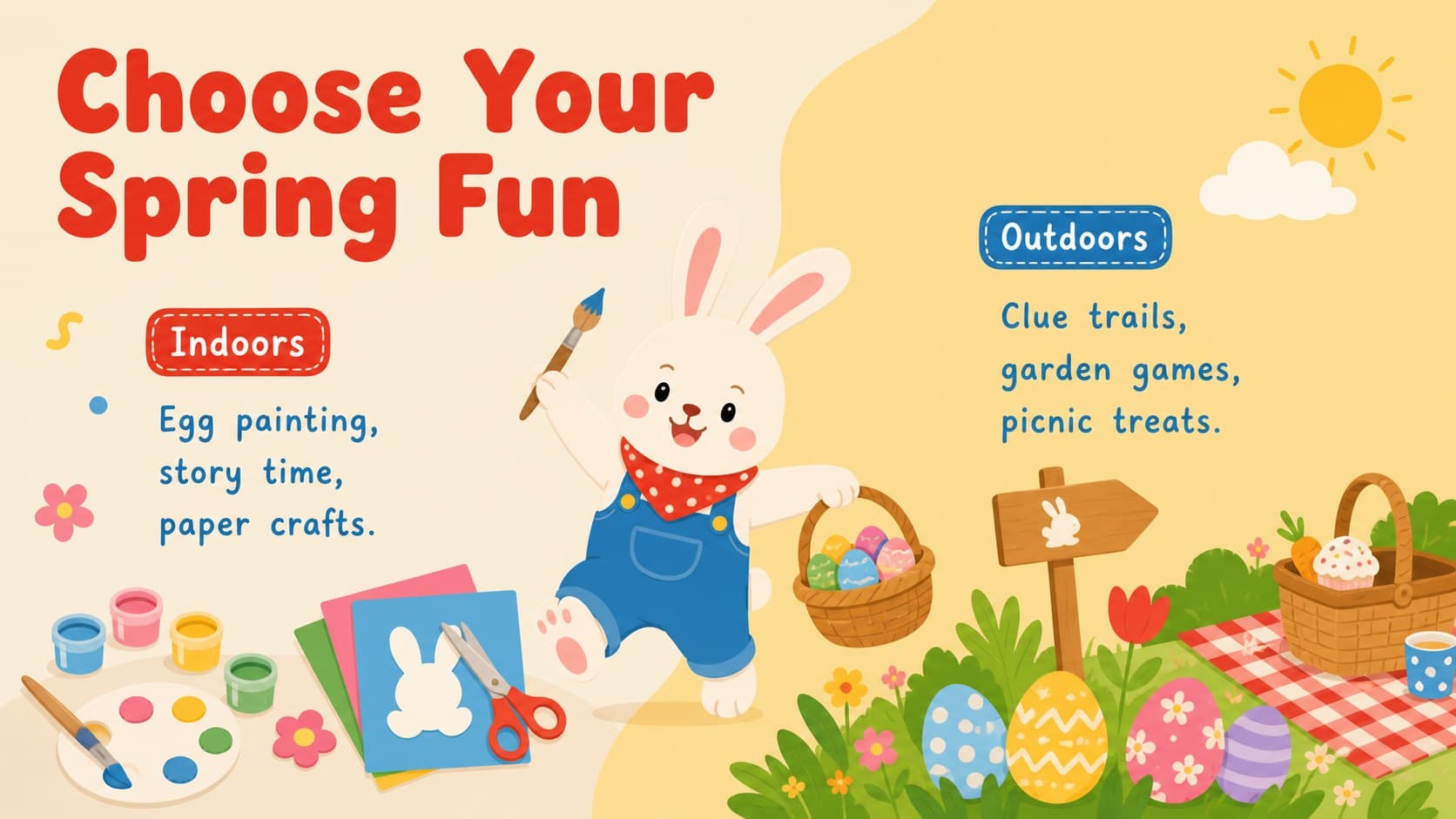 Cartoon bunny PowerPoint theme slide comparing indoor crafts with outdoor Easter activities.