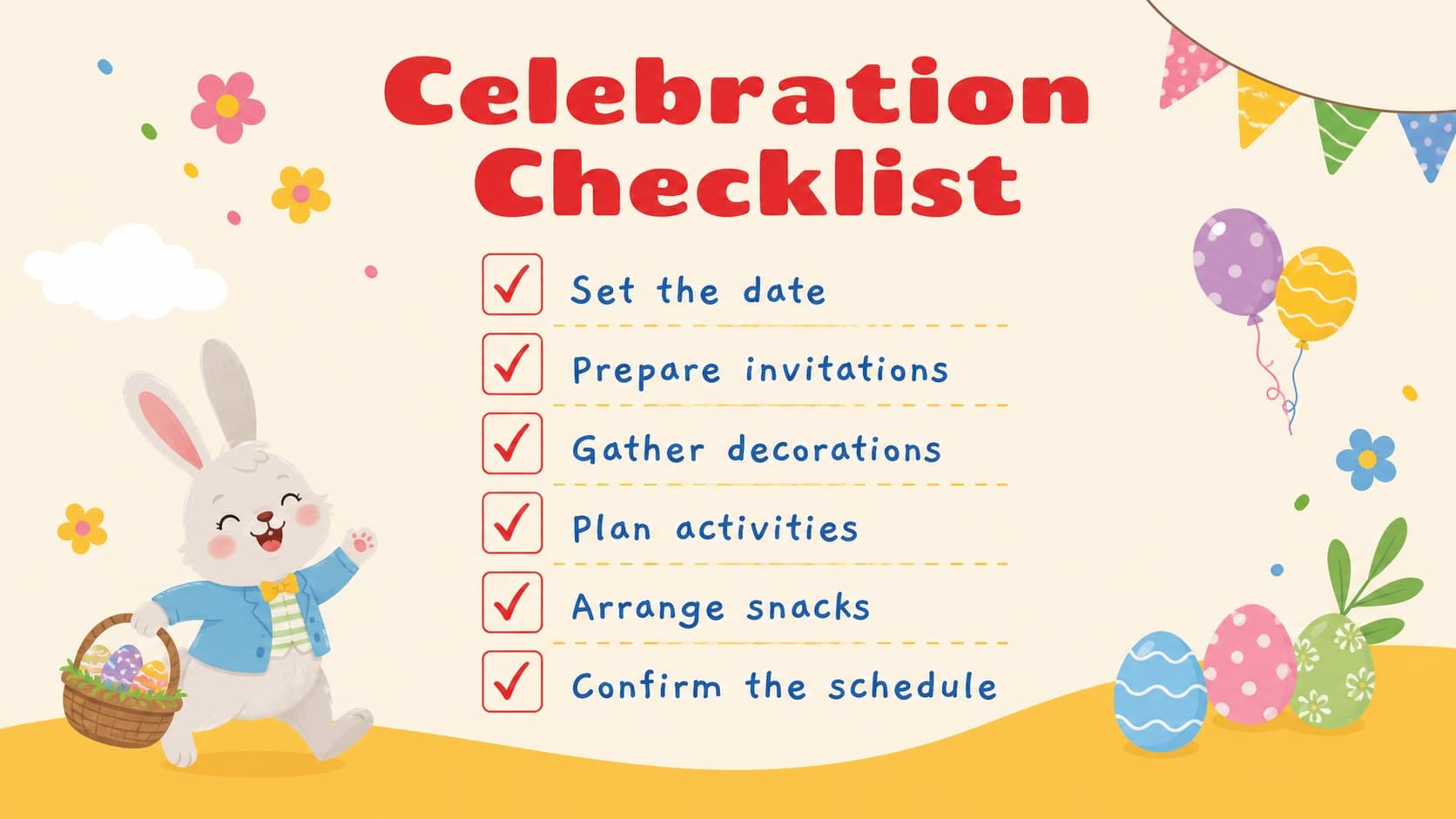 Spring party planning slide deck checklist with decorated eggs, flowers, and festive supplies.