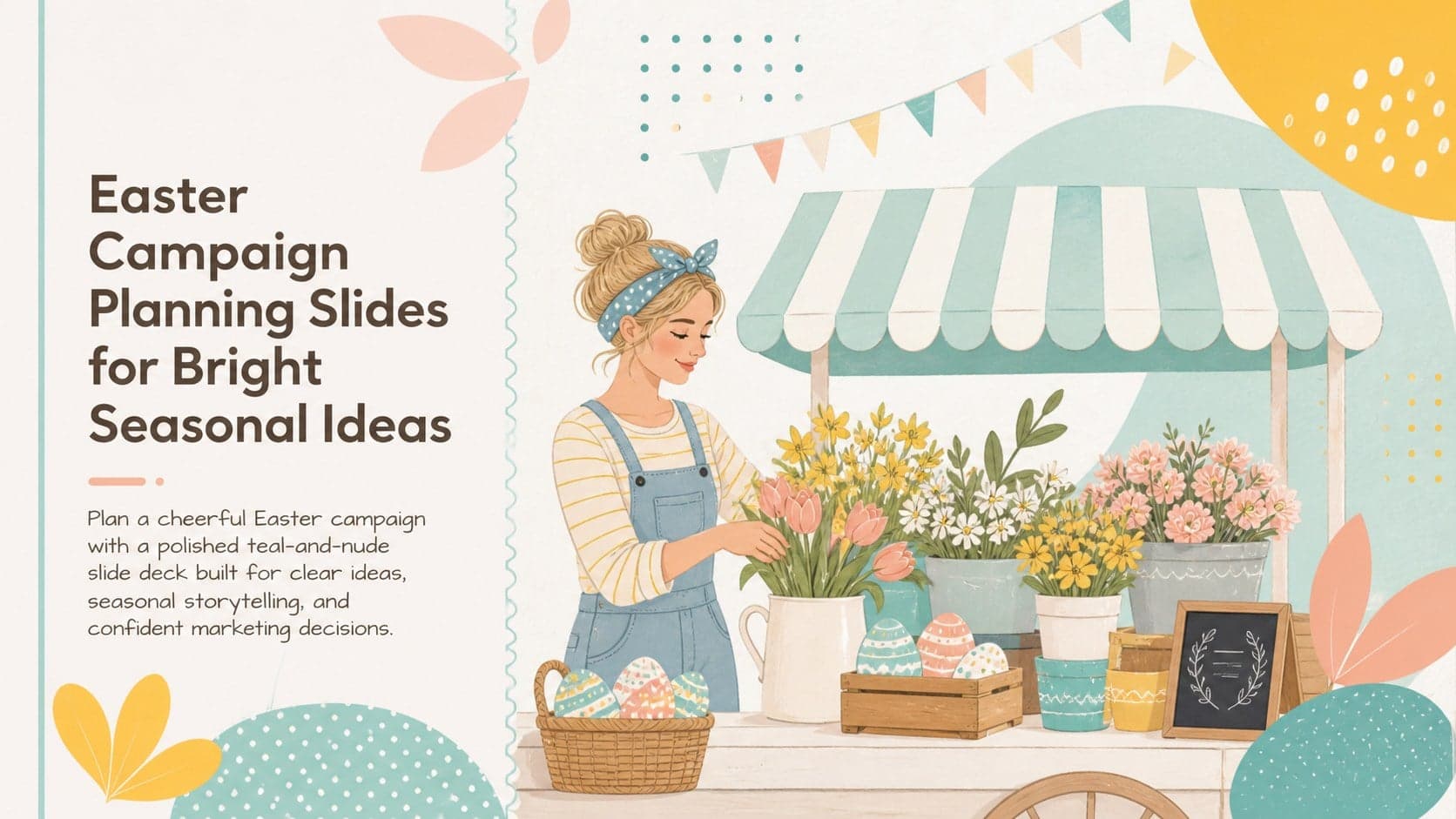 Cover slide for Easter campaign planning slides featuring a cheerful teal and nude seasonal marketing composition.