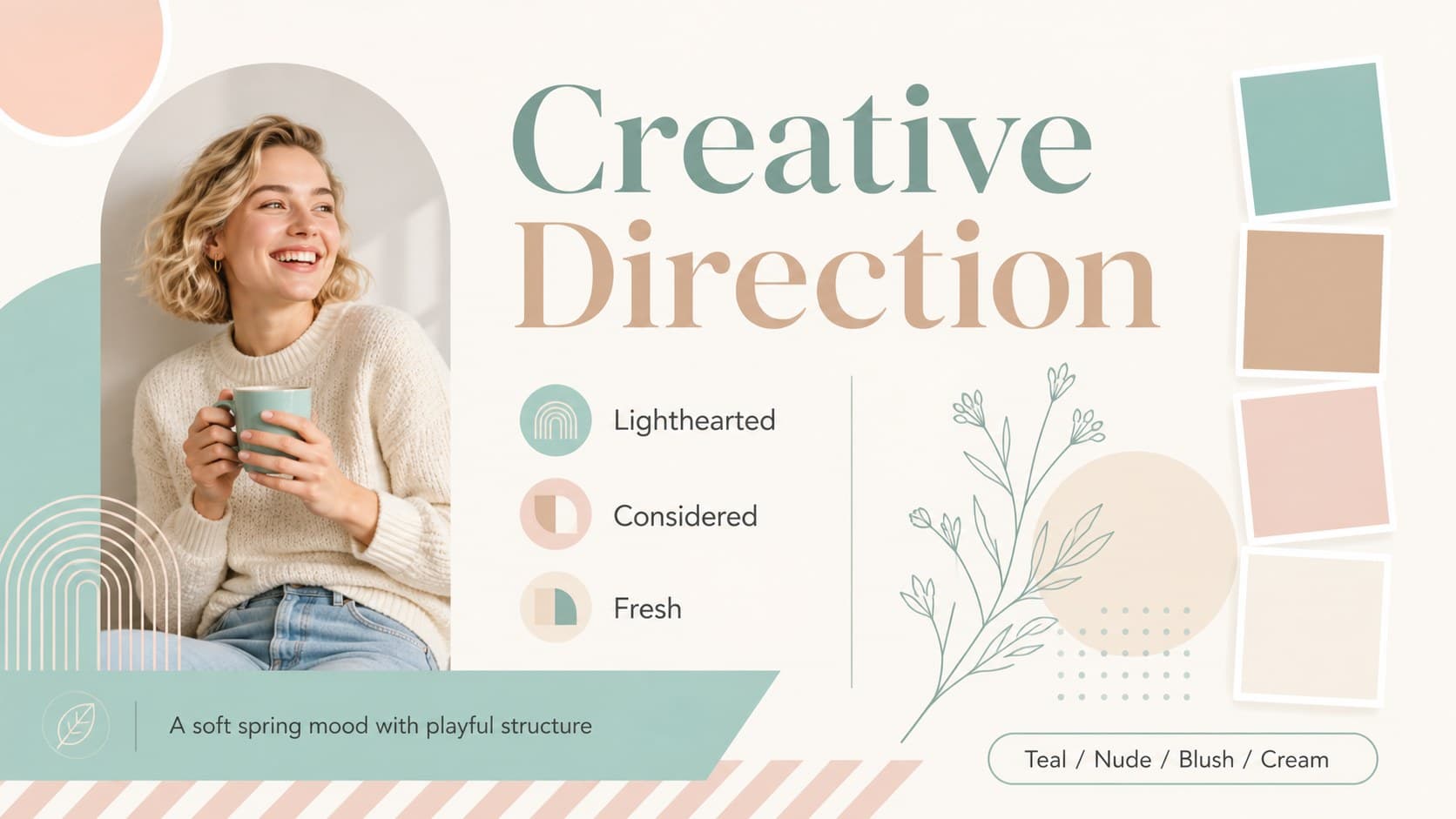 Brand direction slide with Easter campaign mood words, color swatches, and visual identity cues.