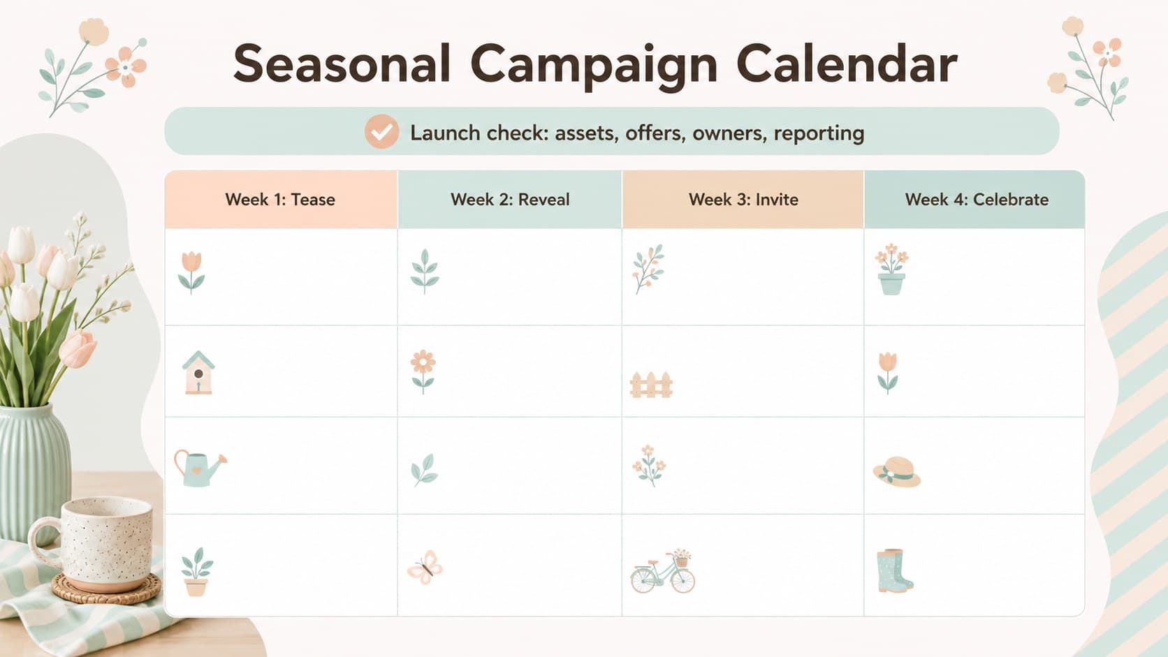 Seasonal campaign calendar slide showing a week-by-week Easter marketing rollout.