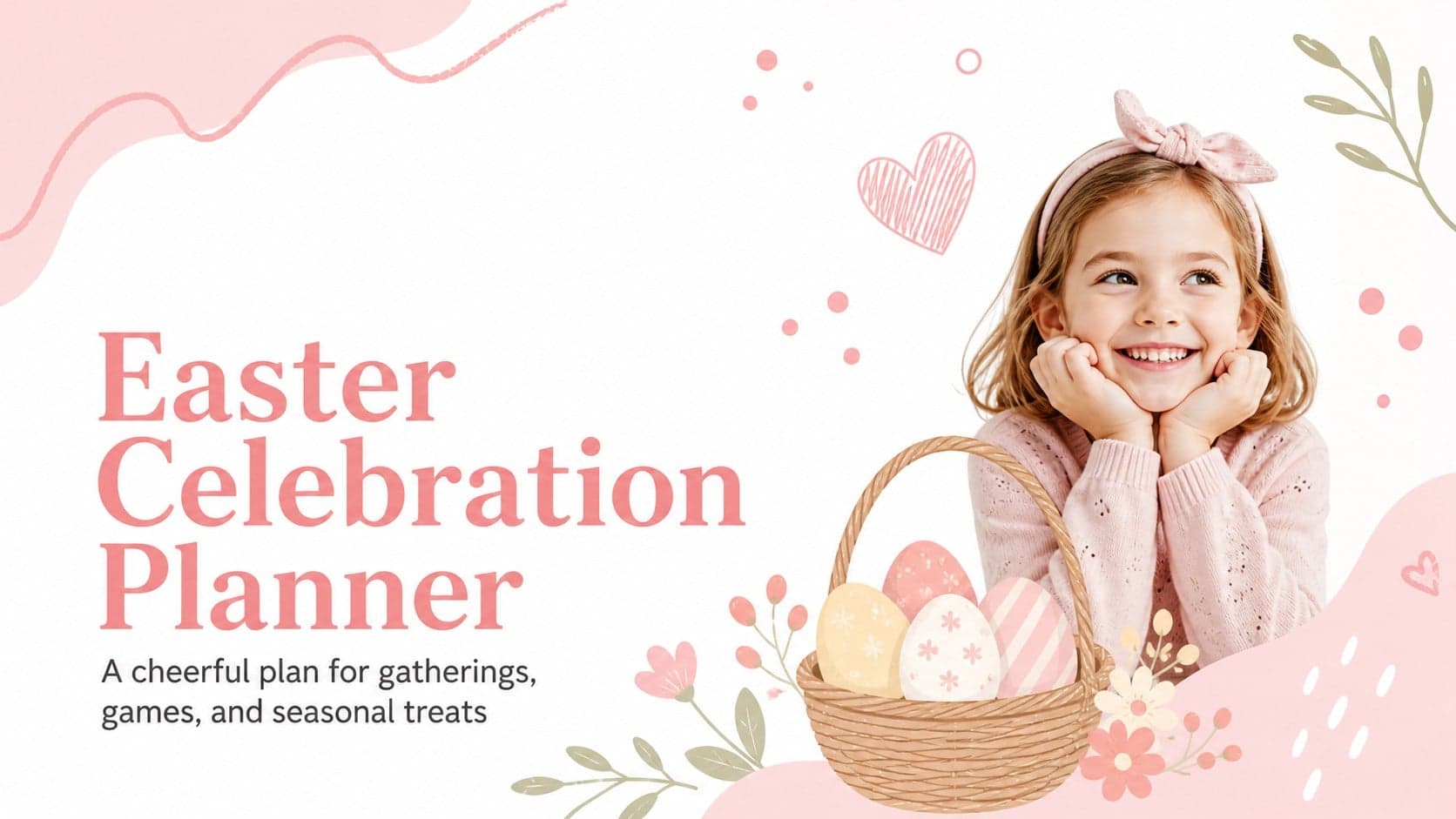 Pastel pink Easter celebration planner cover with playful spring decorations and a clear title.