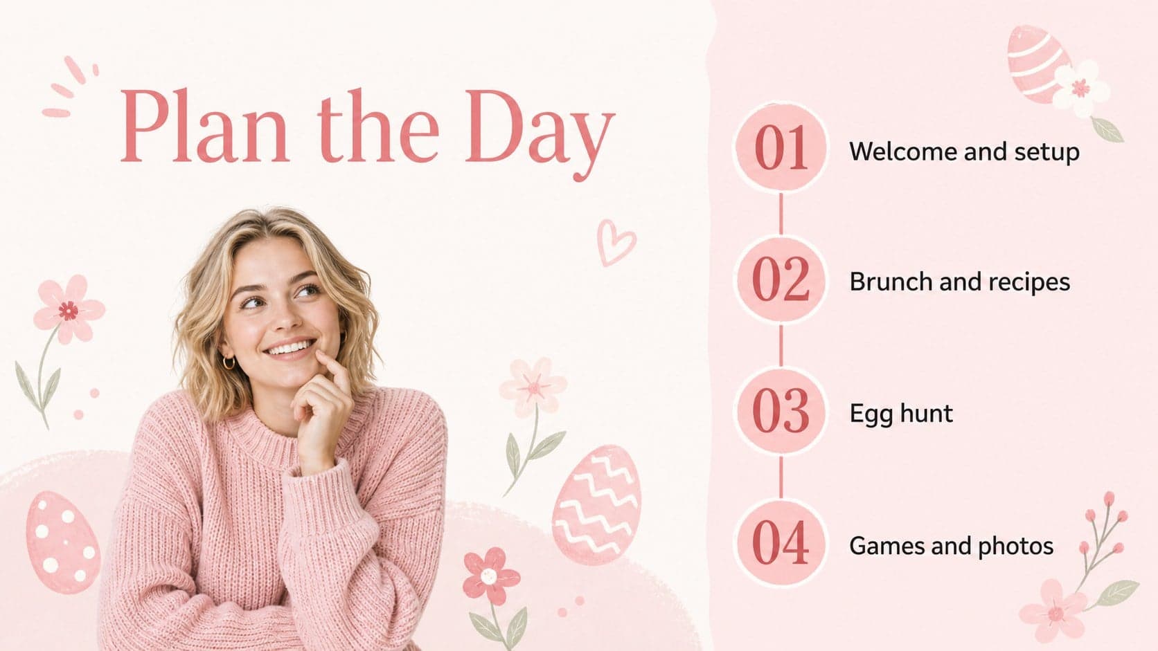 Easter event planning slides agenda with pastel sections for schedule, food, and activities.