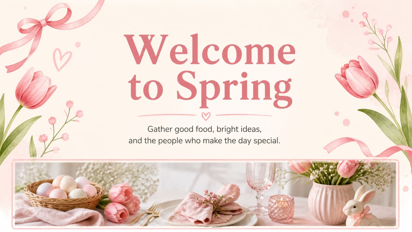 Pastel Easter gathering introduction slide with a welcoming message and hand-drawn spring accents.