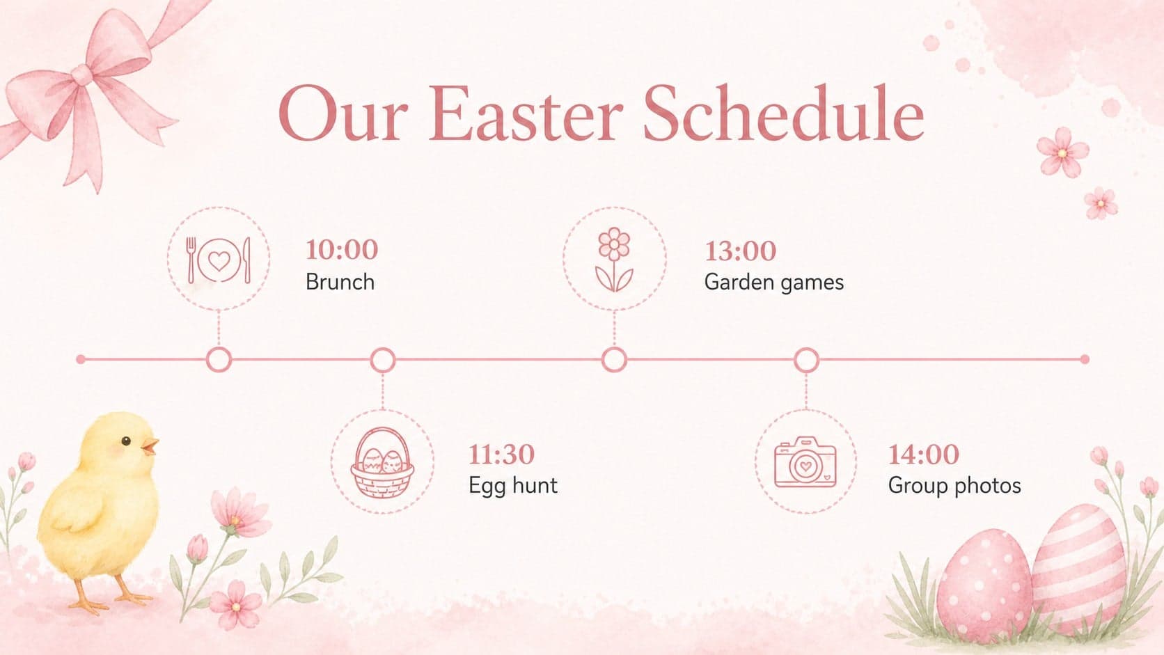 Easter event schedule slide with a pastel timeline for brunch, games, and an egg hunt.
