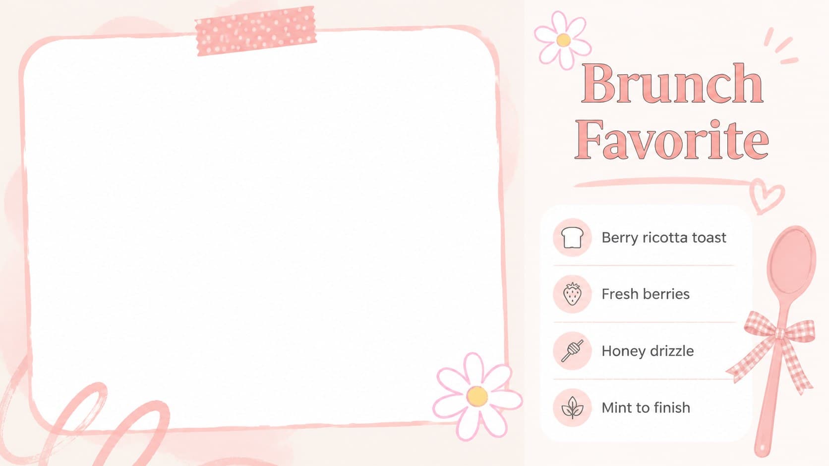 Pastel Easter brunch presentation slide featuring a recipe card and cheerful food photography placeholder.