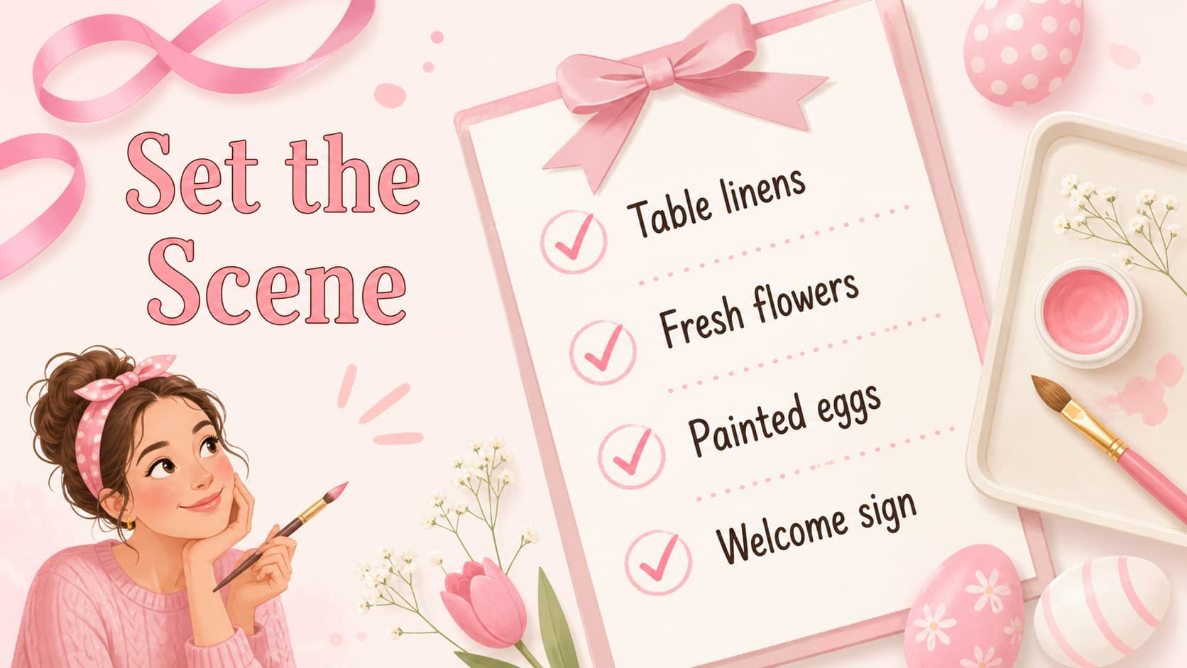Easter decorating checklist slide with pastel task markers and spring craft illustrations.