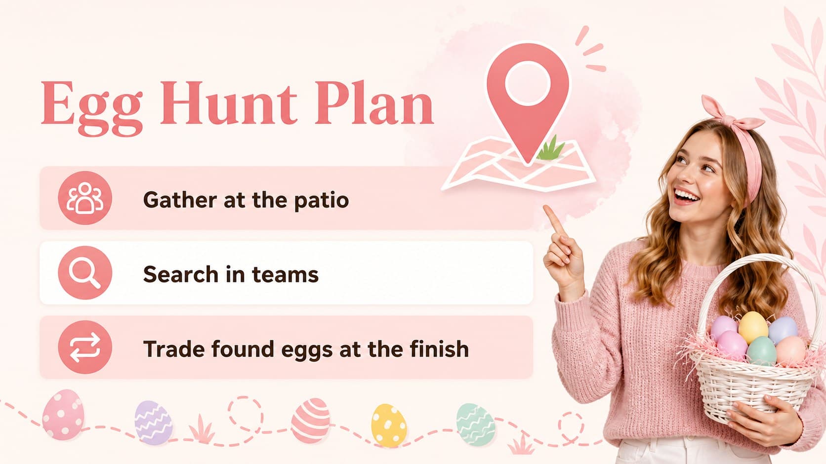 Easter egg hunt agenda slide with pastel location, timing, and activity details.