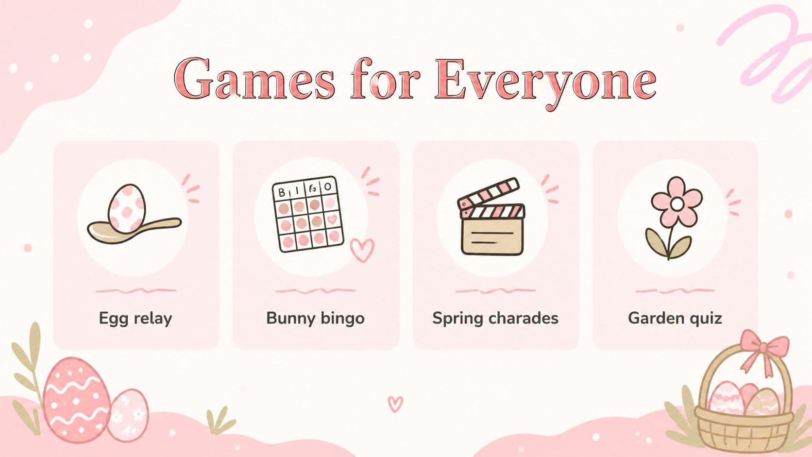 Spring holiday activity deck slide with pastel Easter games and simple illustrated instructions.