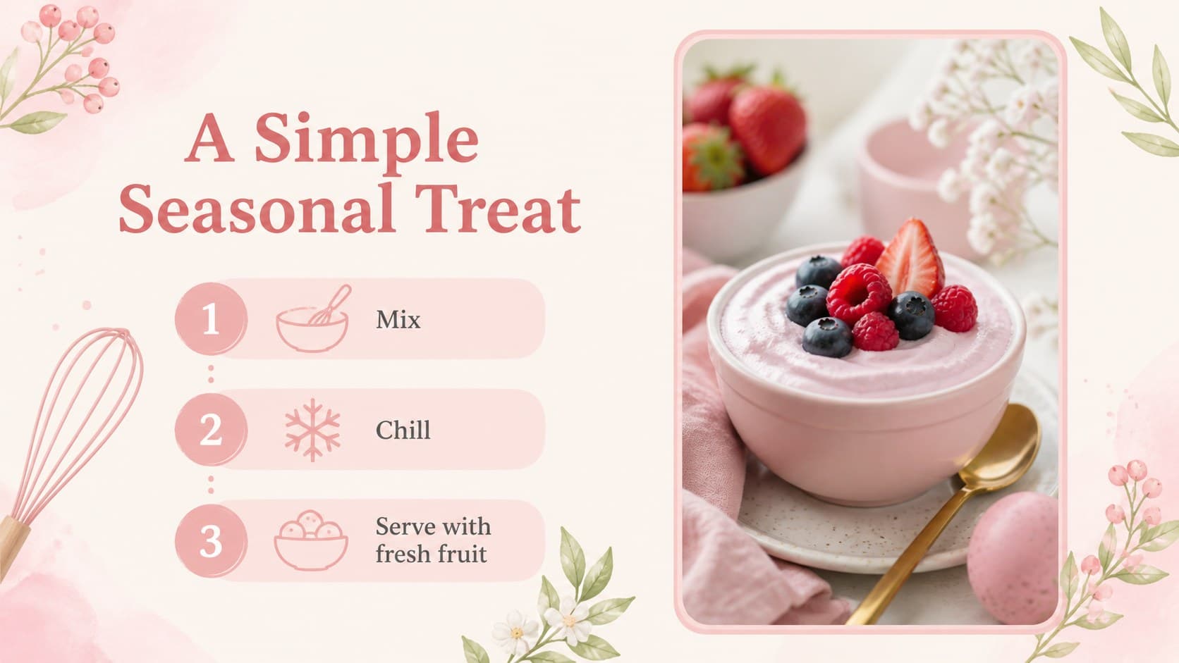 Pastel Easter recipe presentation slide with ingredients, preparation steps, and a photo placeholder.