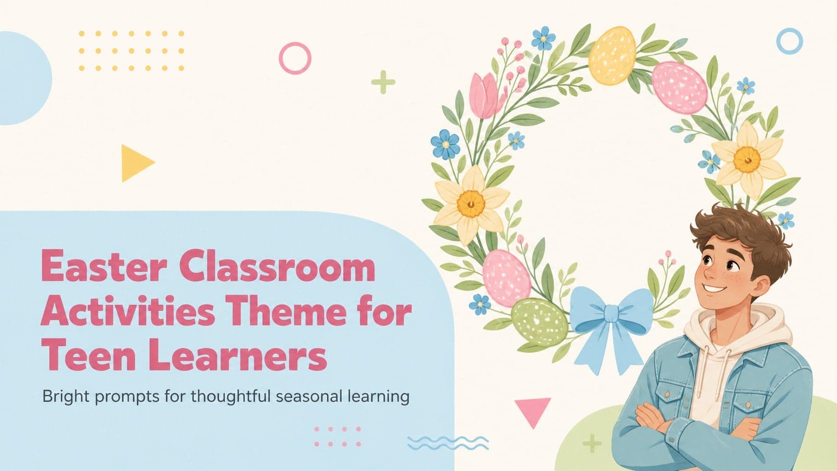 Cover slide for an Easter classroom activities theme with blue and green illustrations for teen learners.
