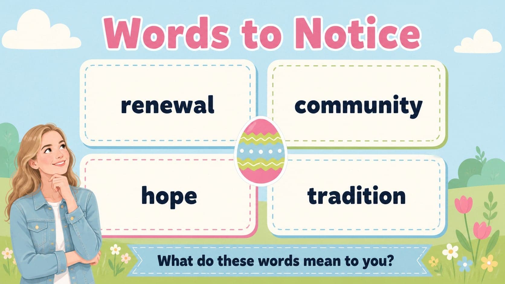 Vocabulary slide defining Easter symbols with illustrated blue and green classroom graphics.