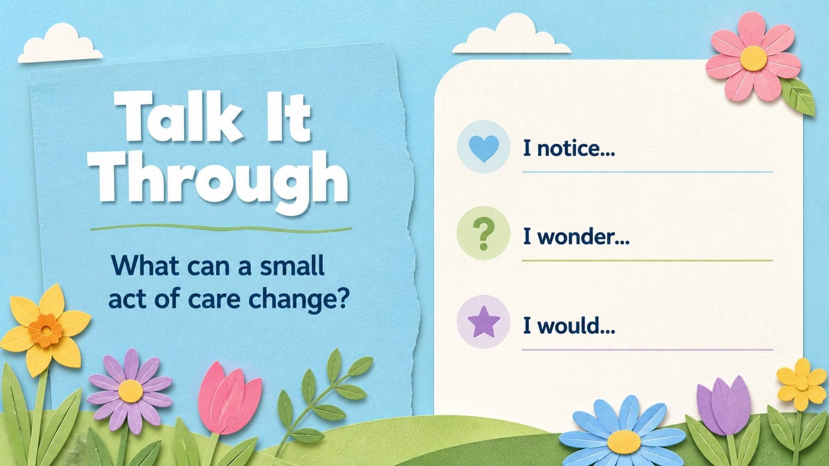 Partner discussion slide with Easter reflection prompts and blue-green illustrated classroom details.