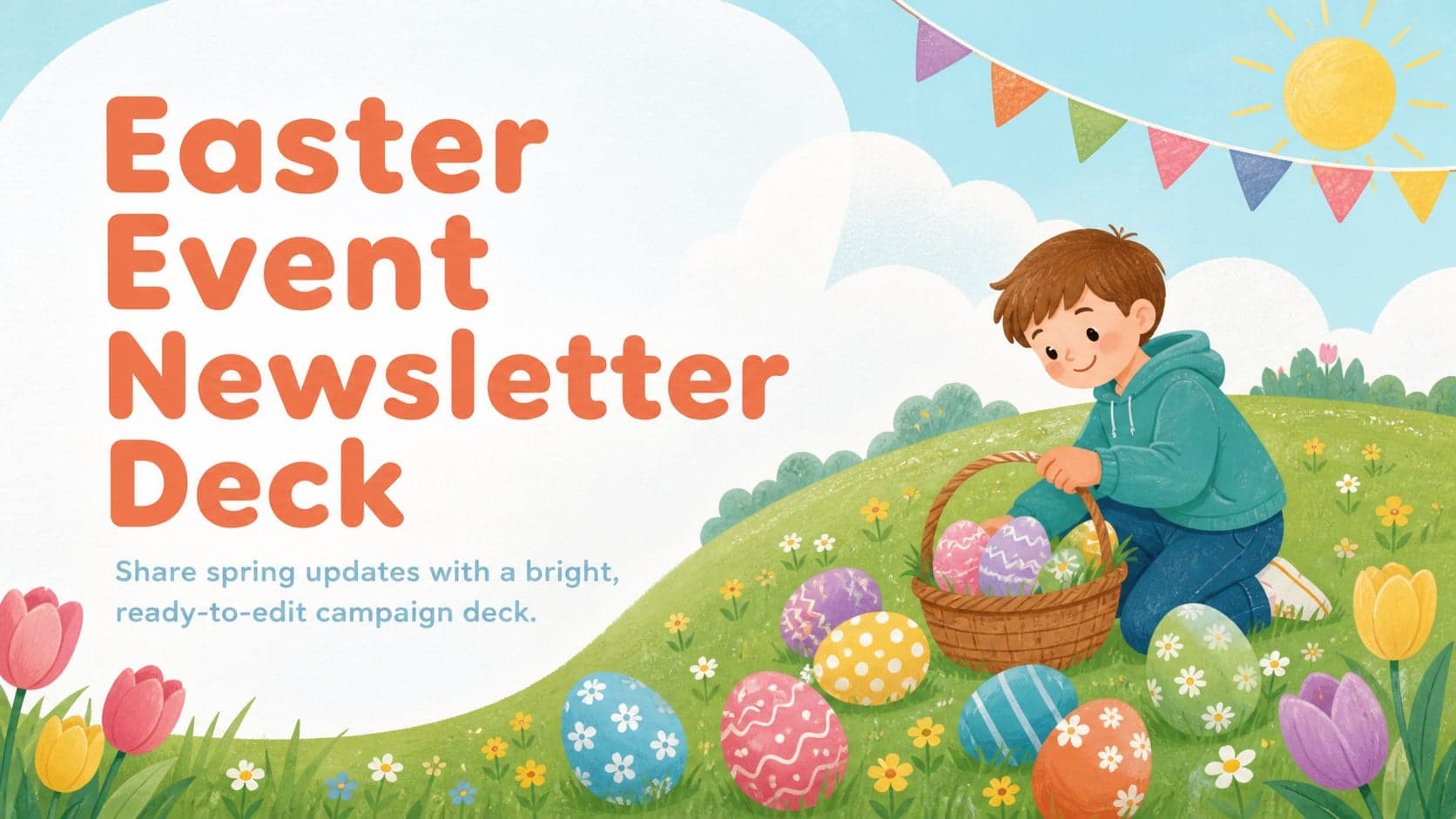 Cover of an Easter event newsletter deck with pastel blue and green spring illustrations and decorated eggs.