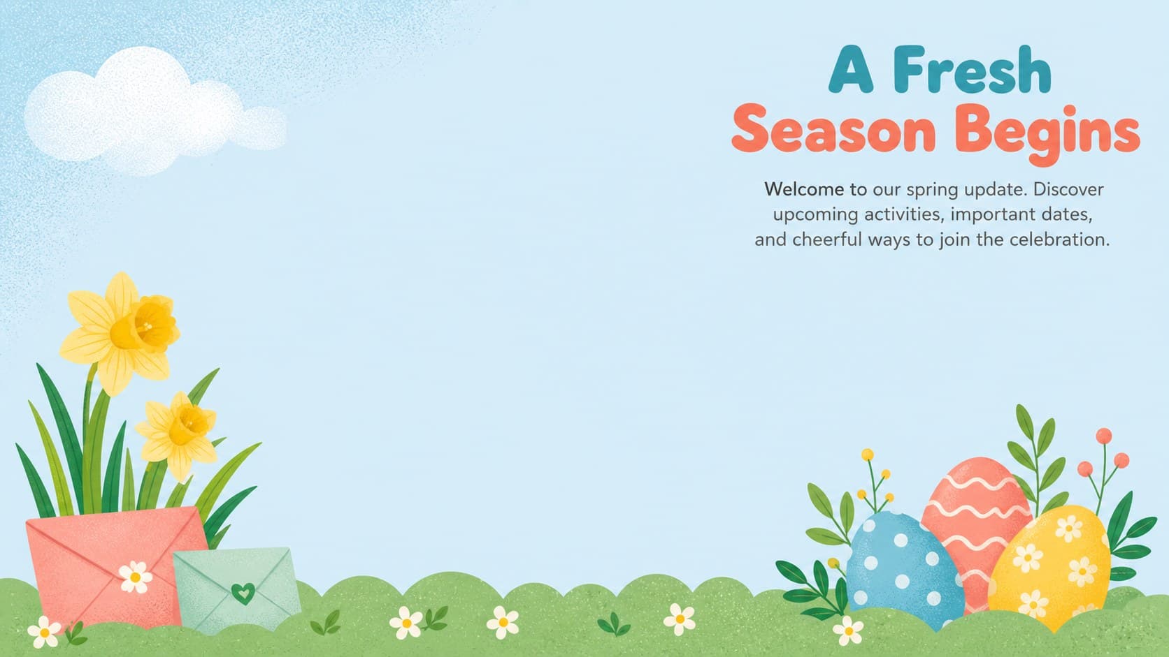 Pastel Easter newsletter welcome slide introducing seasonal community news and upcoming activities.
