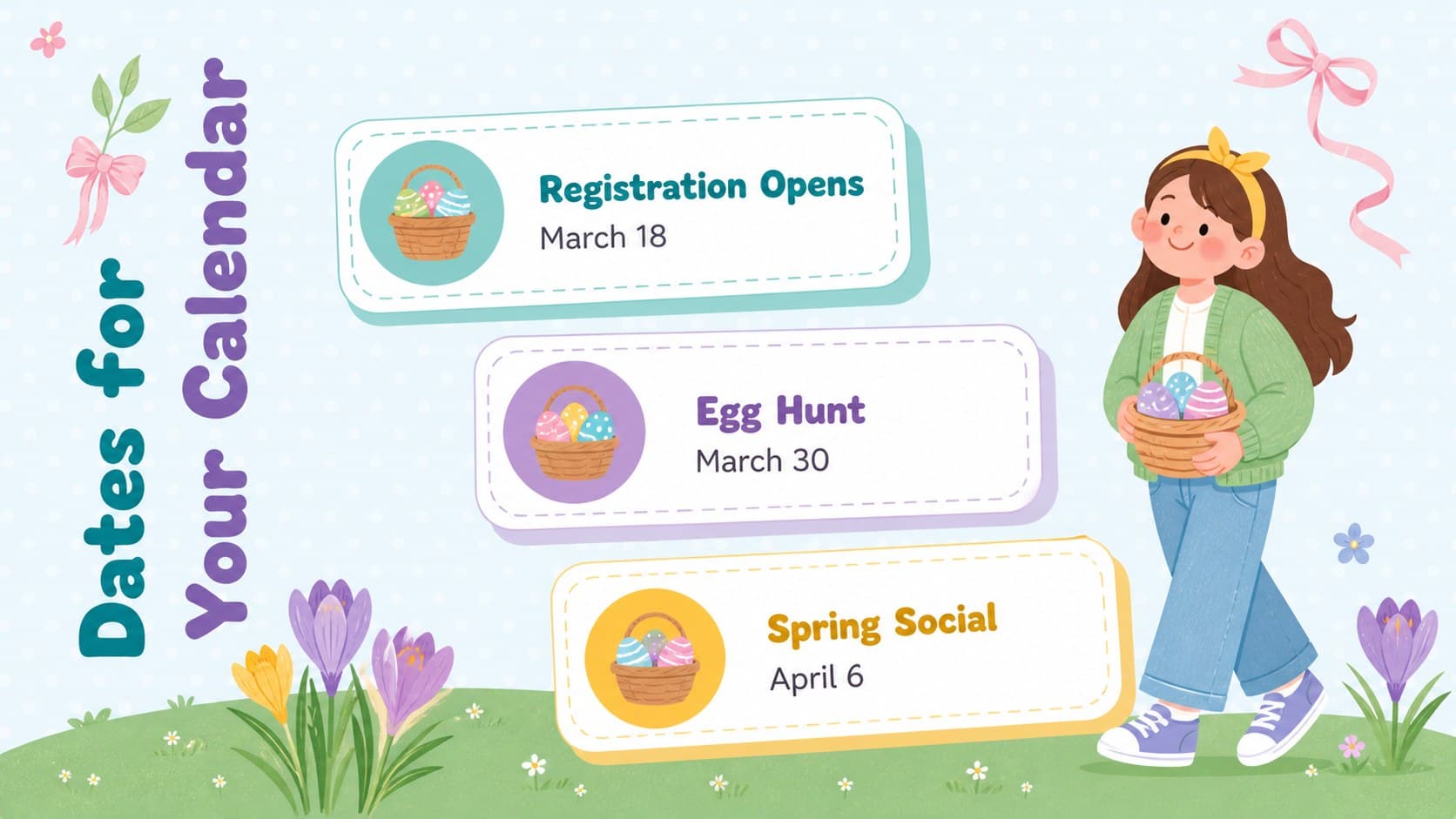 Spring event calendar slide for an Easter newsletter with three pastel date panels and floral decorations.
