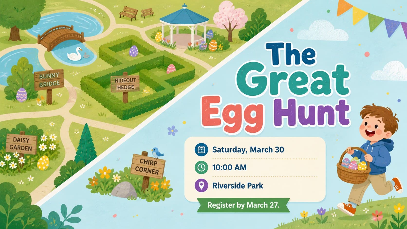 Easter egg hunt marketing template slide showing event time, location, and registration details.