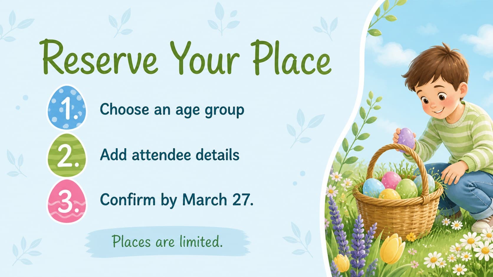 Editable Easter newsletter slide with a three-step registration checklist and spring decorations.
