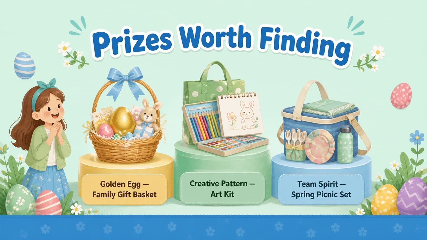 Pastel Easter campaign slide presenting three prize categories with colorful egg and ribbon illustrations.