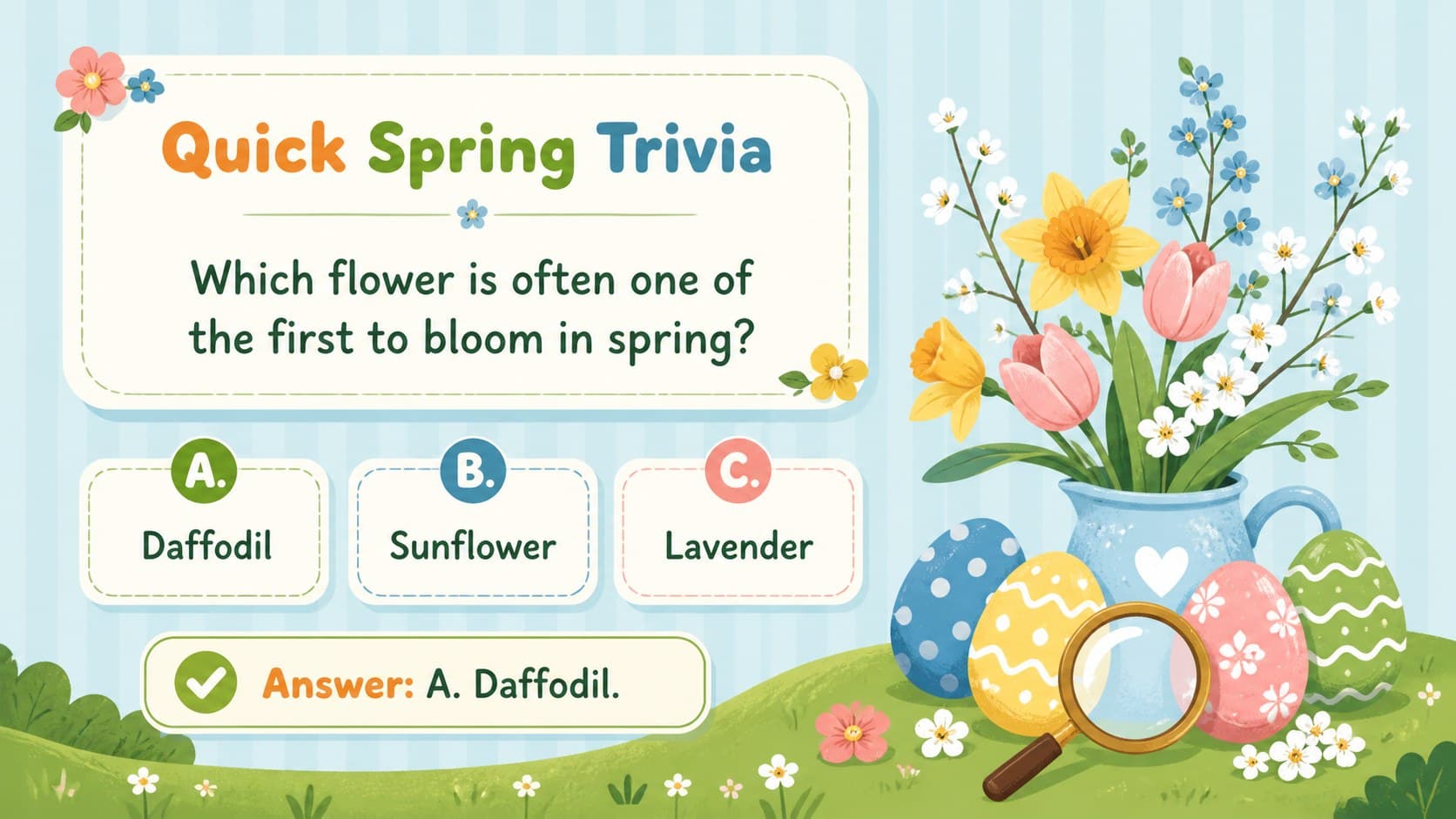 Spring newsletter slide with quick Easter trivia presented in colorful illustrated question panels.