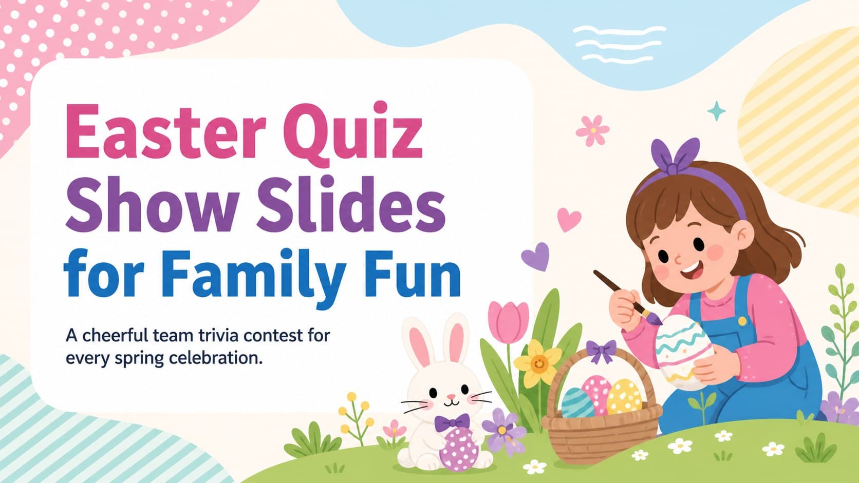 Colorful cover for Easter quiz show slides featuring spring decorations and a playful game-board theme.