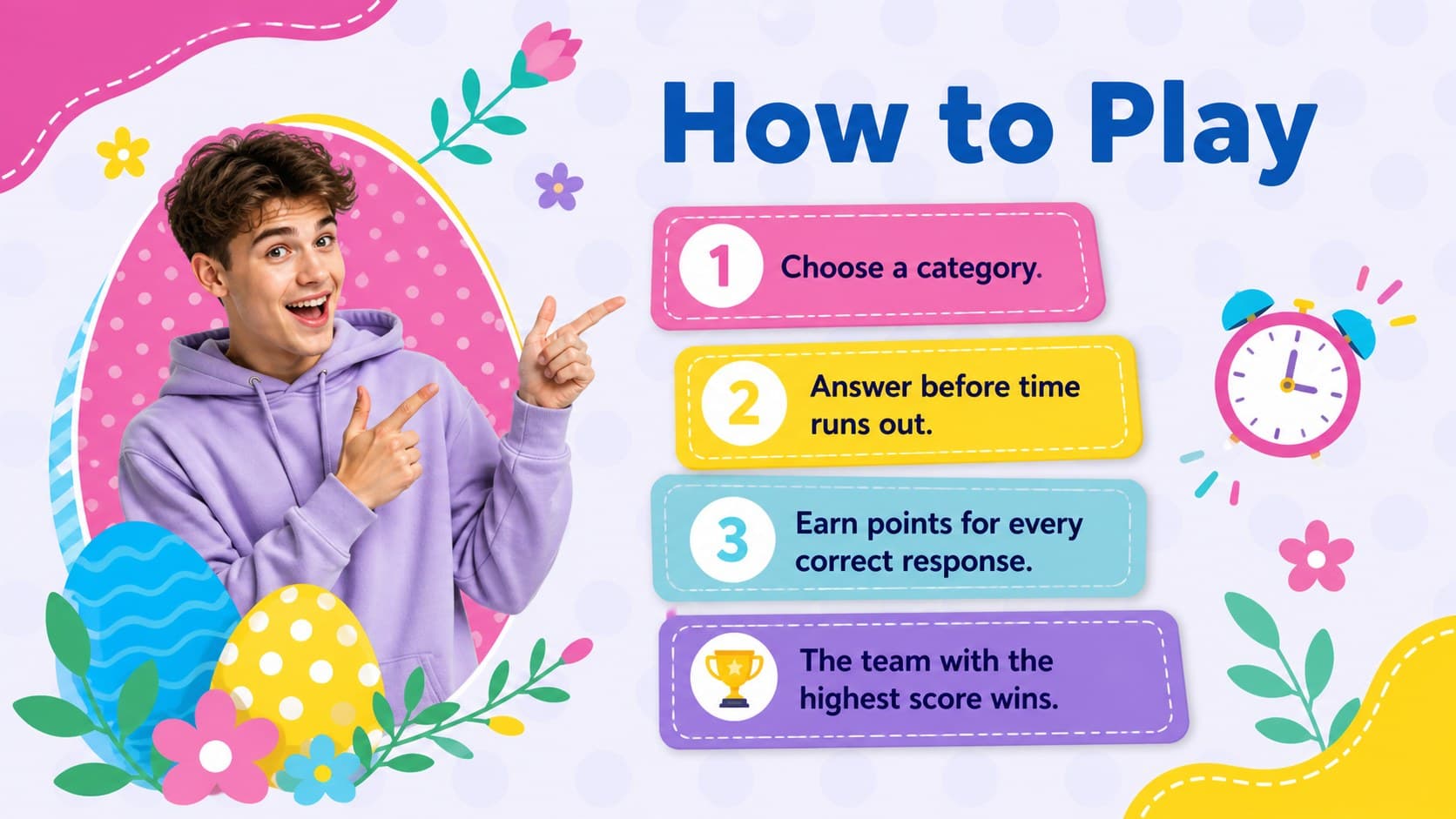 How-to-play layout for an interactive Easter quiz presentation with concise team instructions.