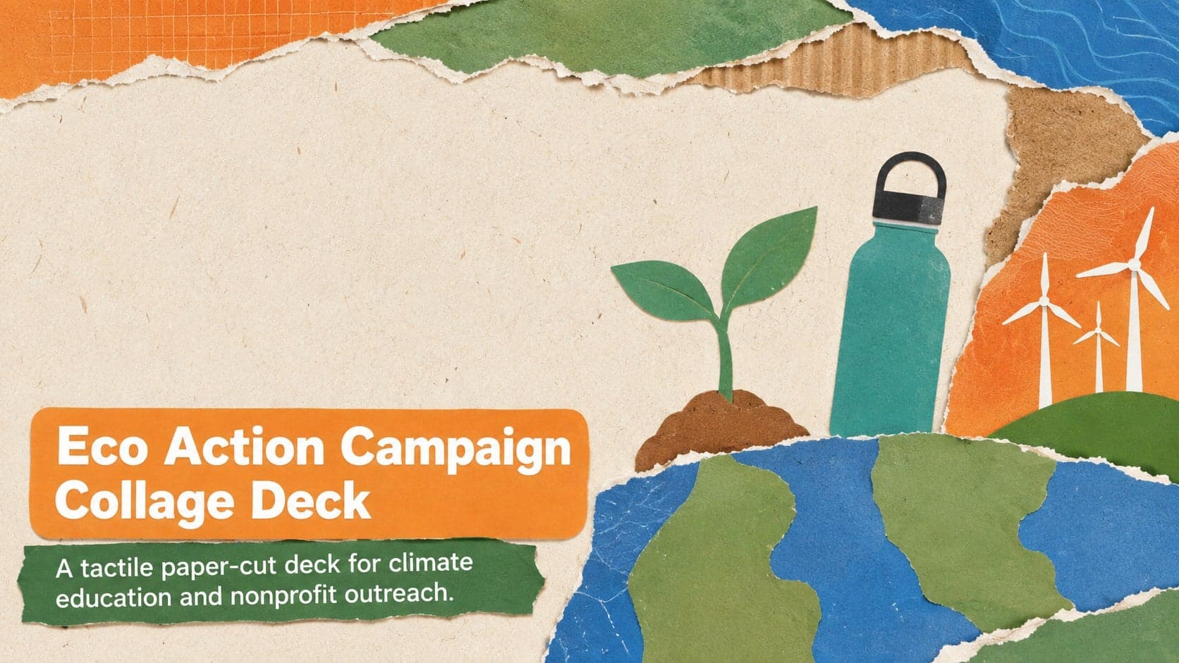 Cover of the Eco Action Campaign Collage Deck with layered recycled-paper shapes and colorful environmental cutouts.