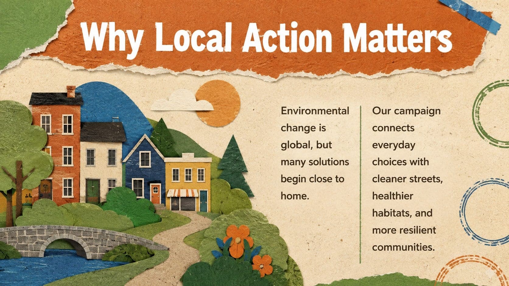 Climate action workshop slide introducing a local environmental challenge with paper-cut landscape imagery.