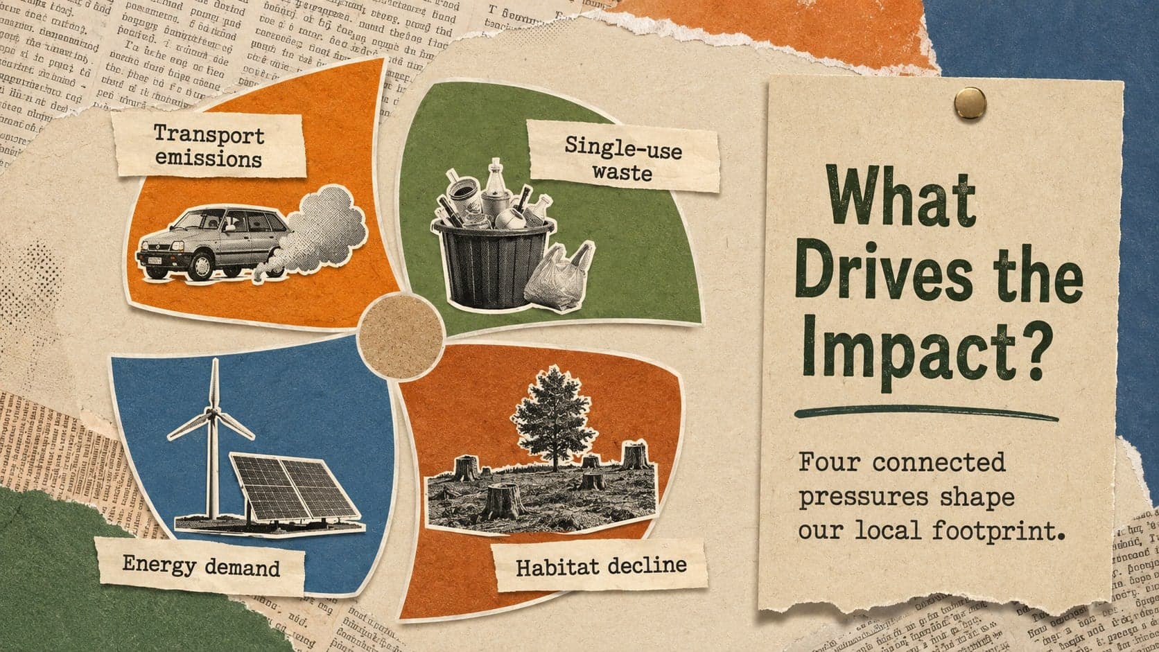Environmental awareness presentation slide showing four drivers of local ecological pressure.