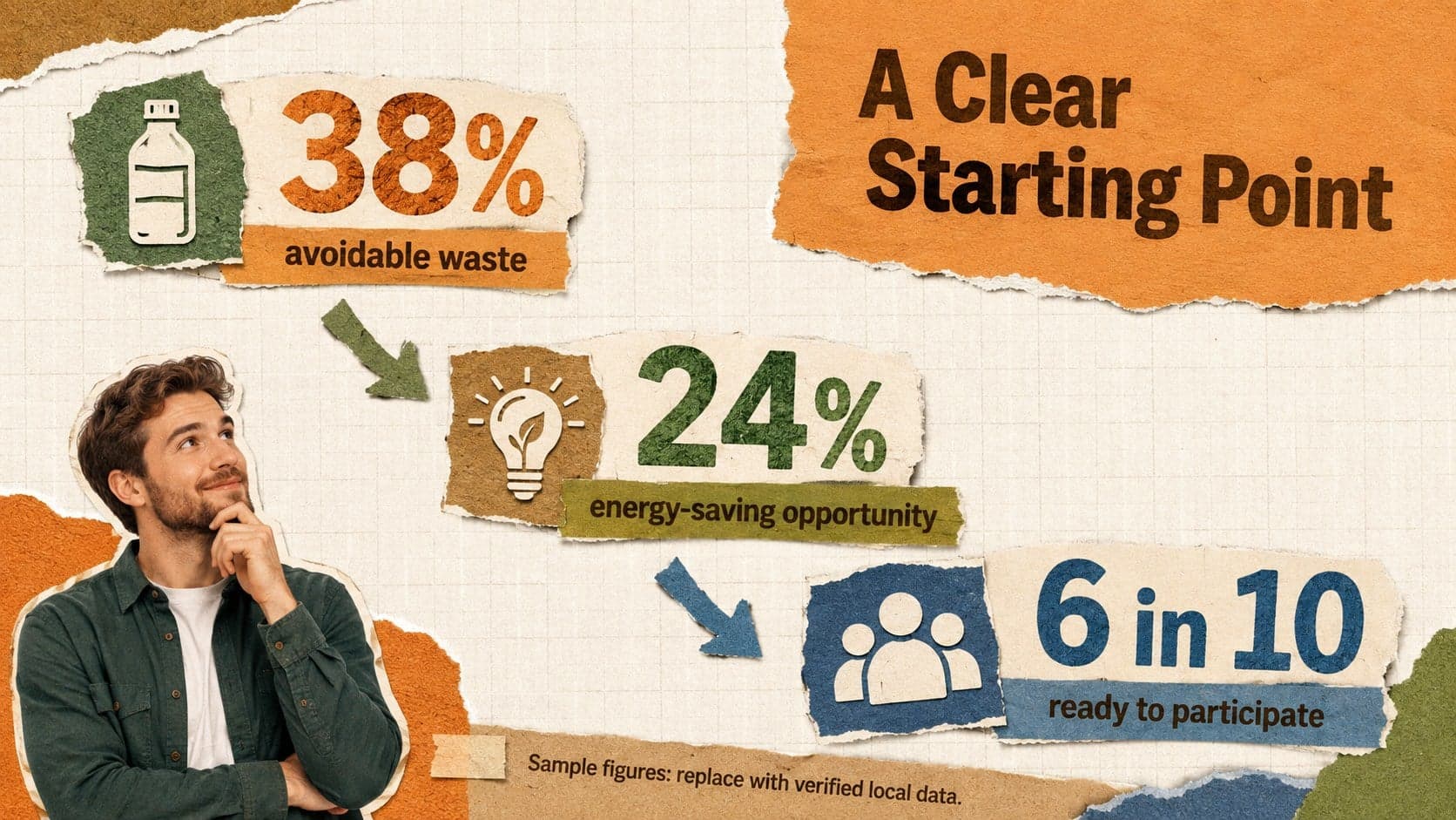 Paper collage environmental slide presenting sample campaign metrics for waste, energy, and participation.